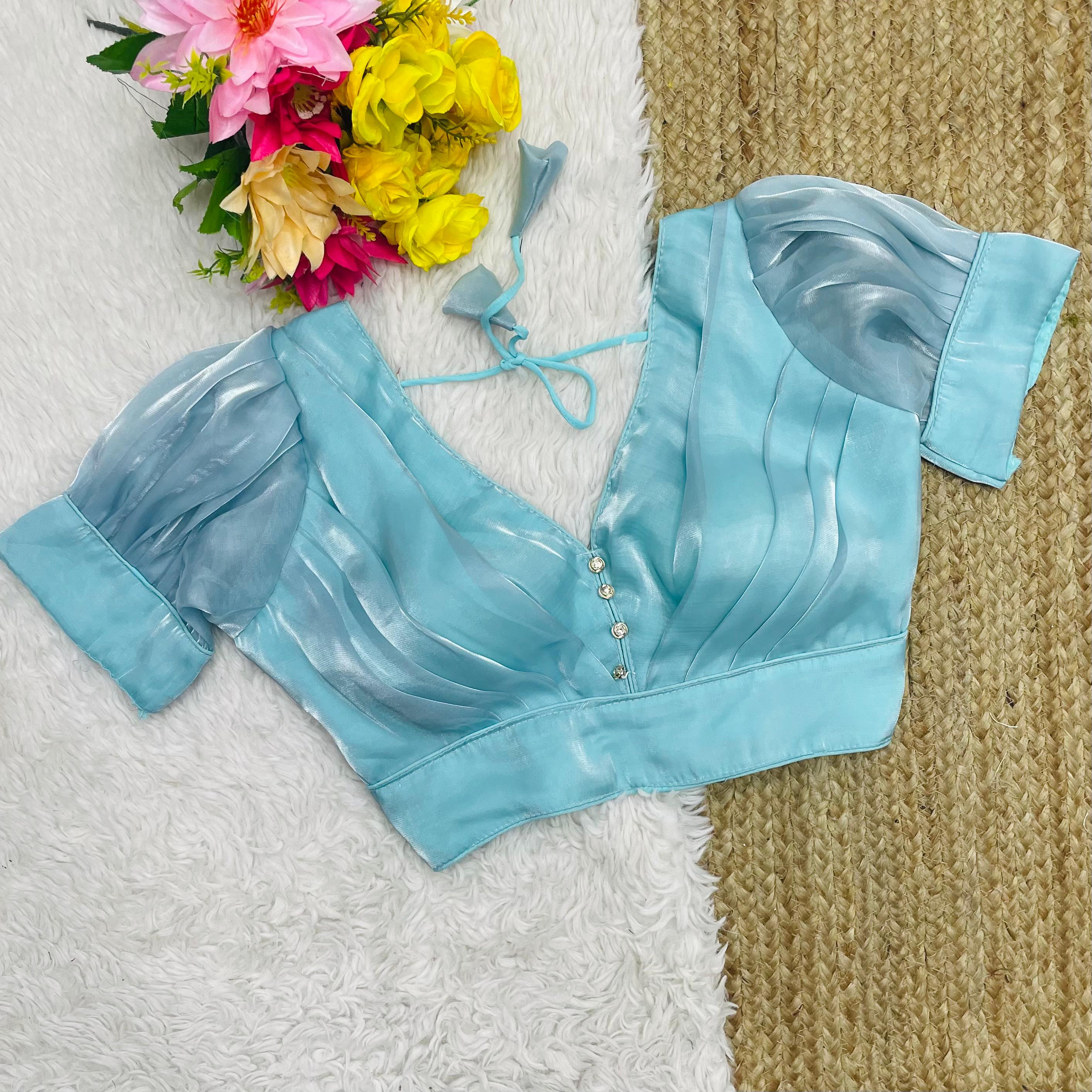 ClothsVilla Sky Blue Glamorous Ruffled Metallic Jimmy Choo Blouse