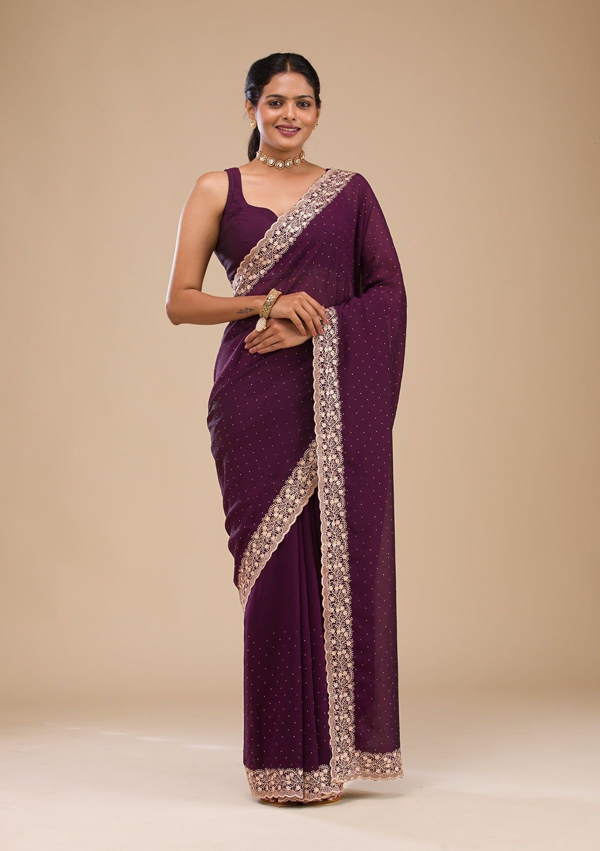 Koskii Purple Zariwork Soft Silk Saree – Women's - view 2