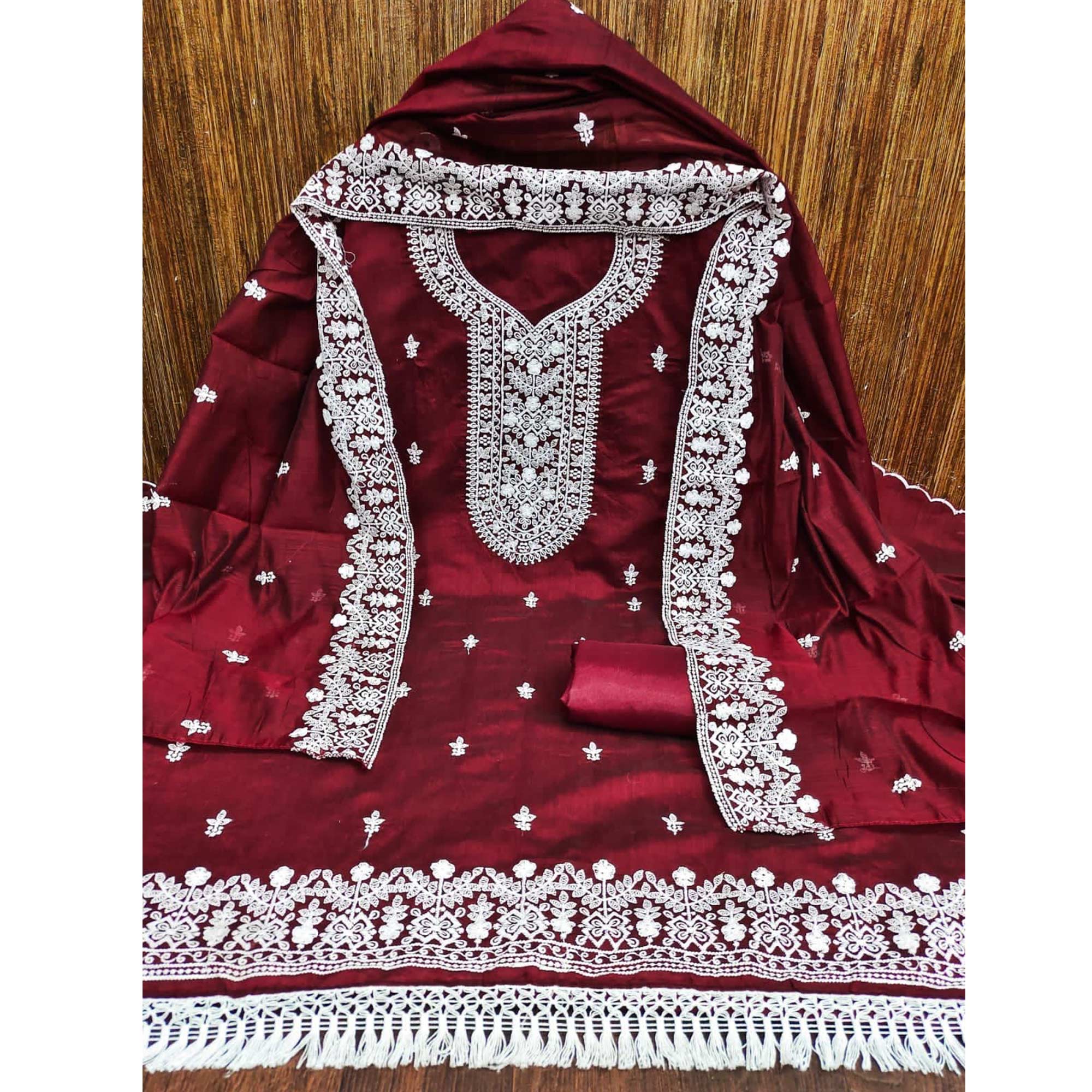 Peachmode Maroon Lucknowi Embroidered Modal Dress Material - view 3