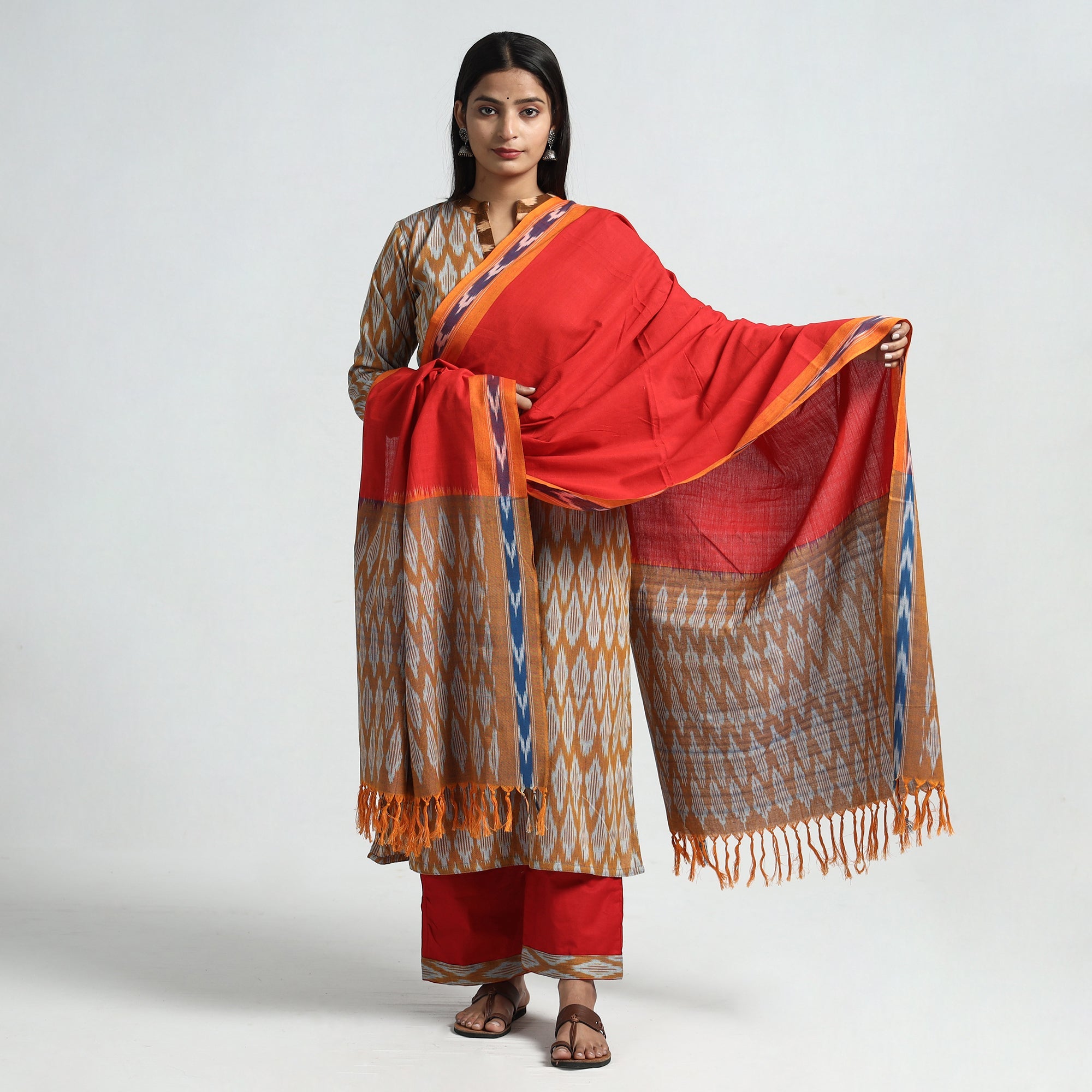 ITOKRI CASUALS Brown - Pochampally Ikat Weave Cotton Kurta with Palazzo & Dupatta Set