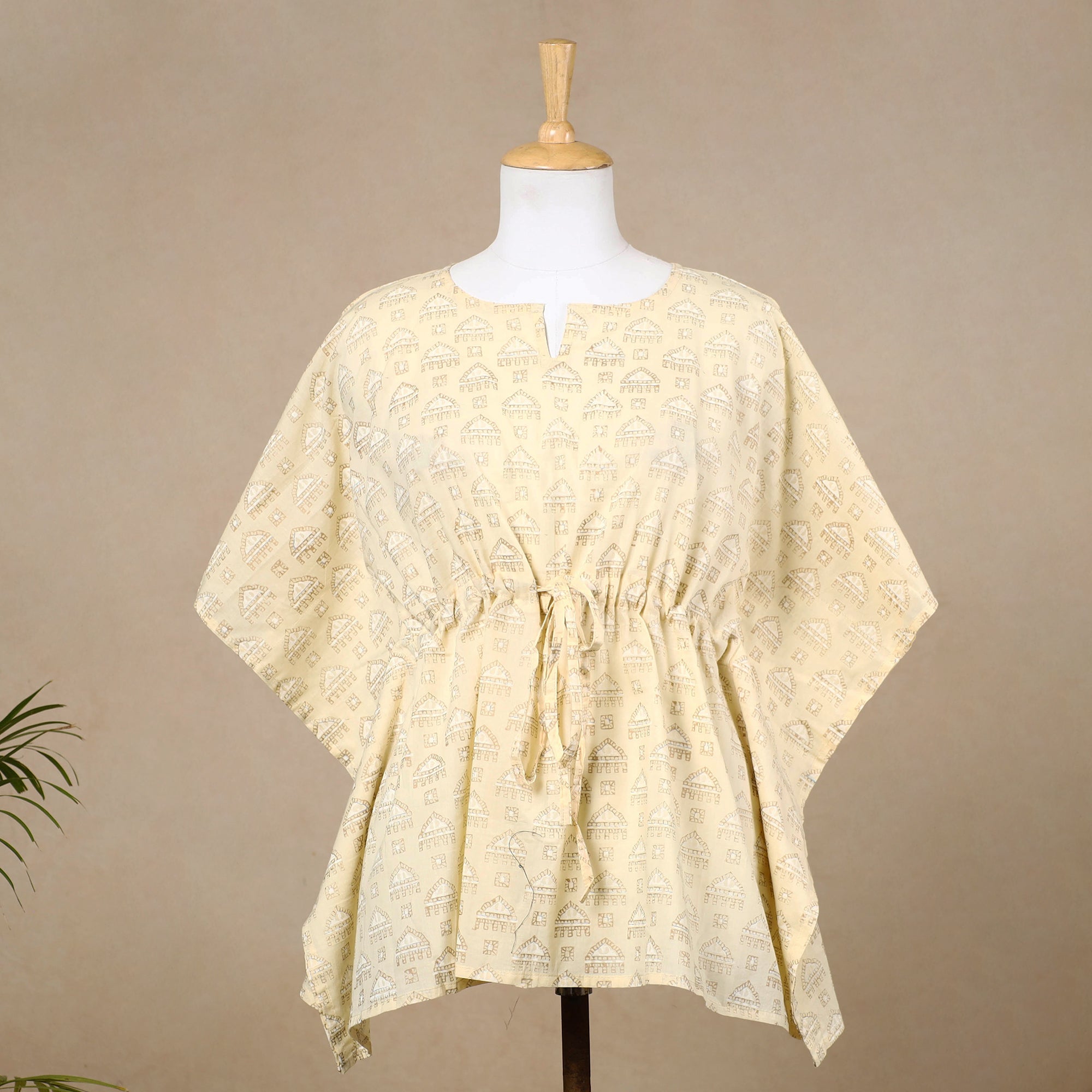 CHUTNEY CRAFT STUDIO Beige - Hand Block Printed Cotton Kaftan with Tie-Up Waist (Short)
