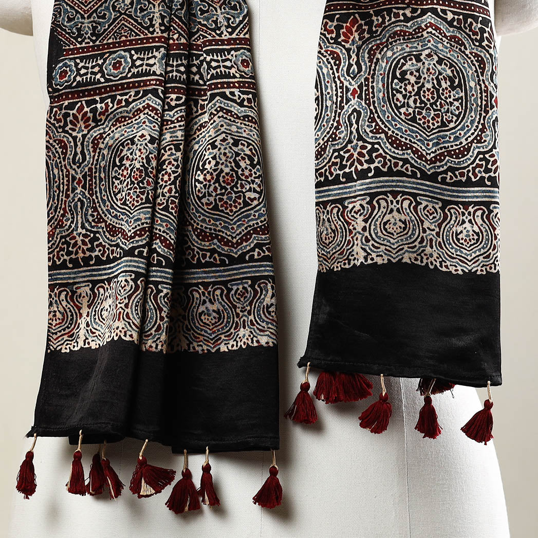 RIYAZ ABDULMAJID KHATRI - AJRAKH Black - Ajrakh Block Printed Mashru Silk Stole with Tassels - view 3