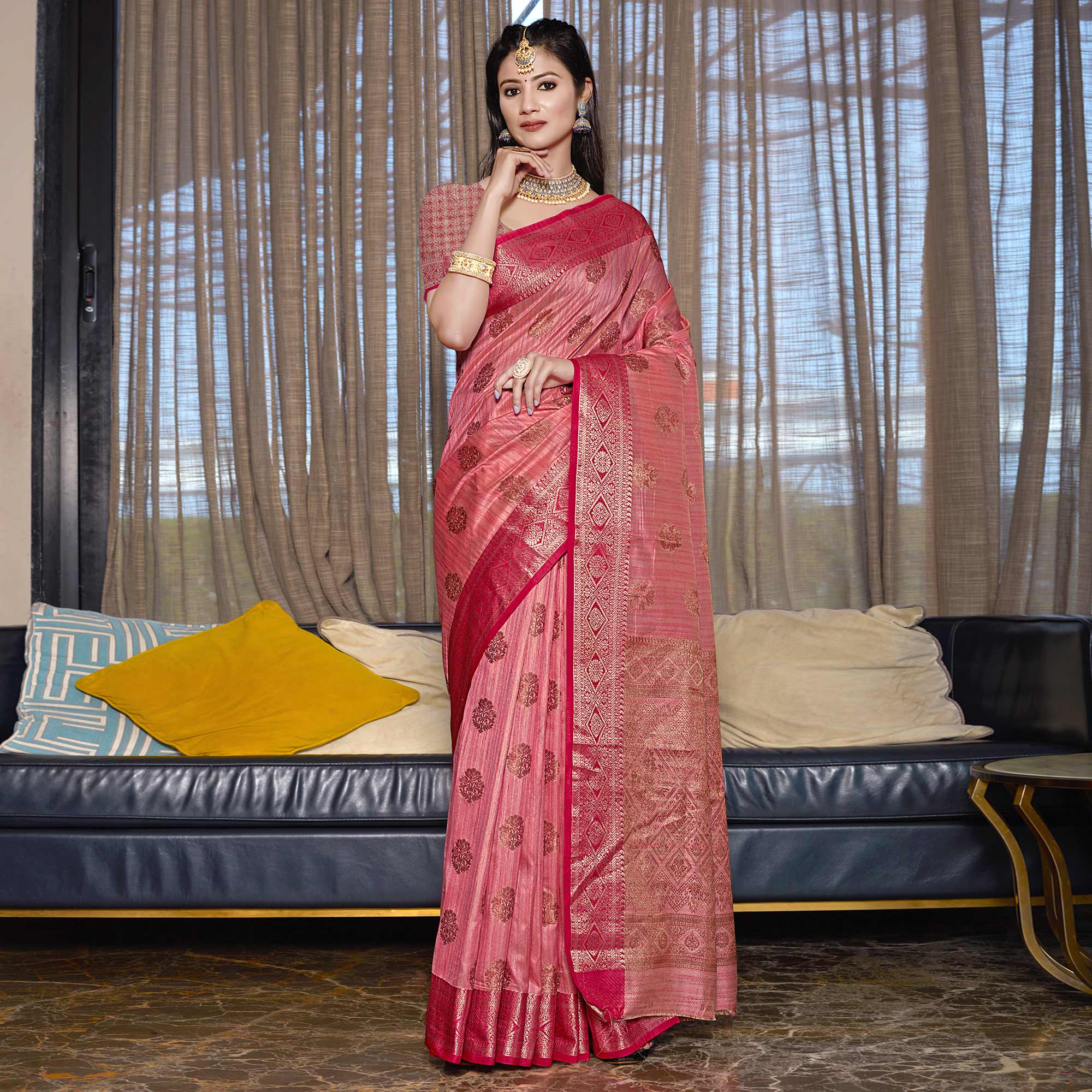 Peachmode Gajari Pink Floral Woven Cotton Blend Saree - view 2