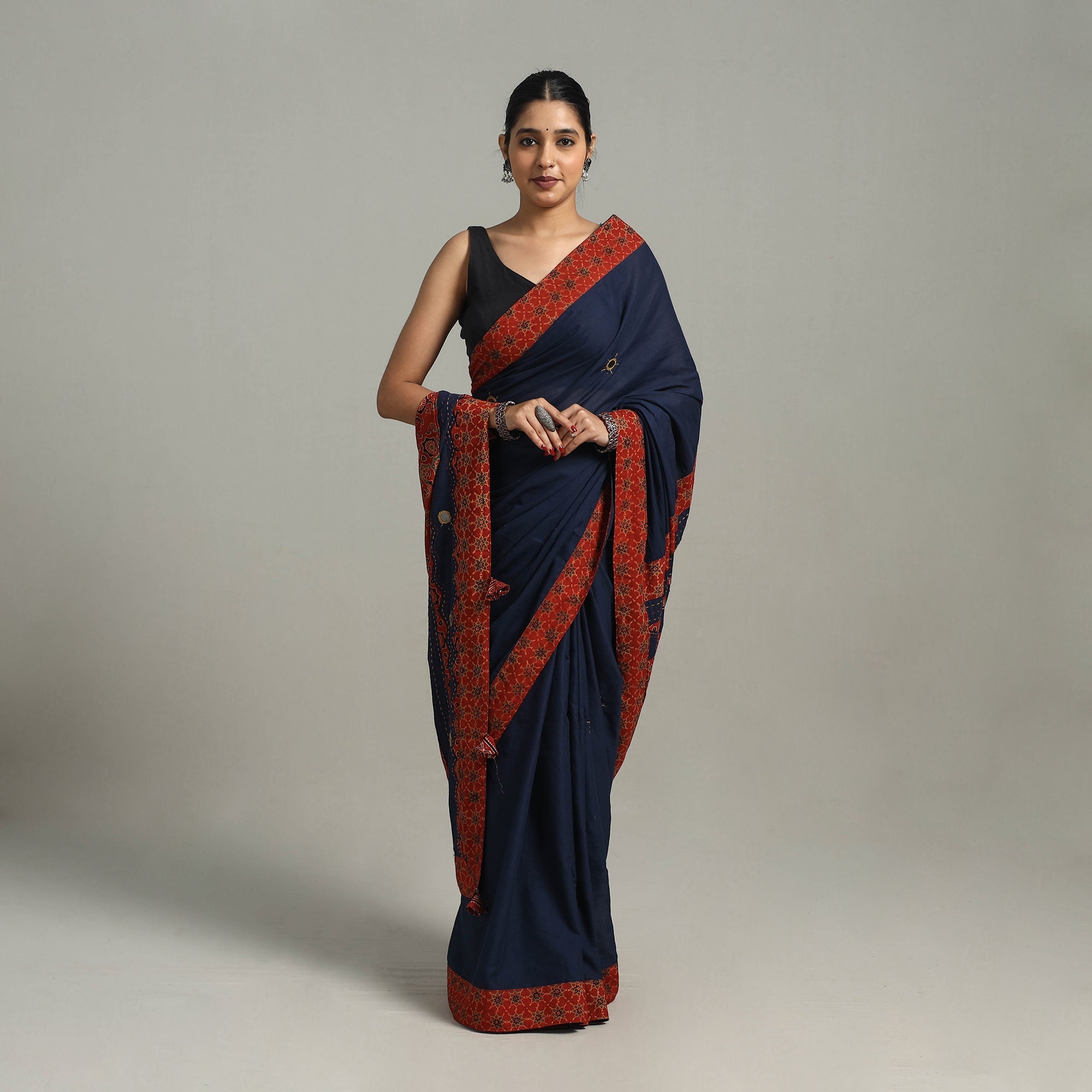 SHADES OF MARUDHARA Blue - Applique Patchwork Mul Cotton Tagai Ajrakh Saree 02