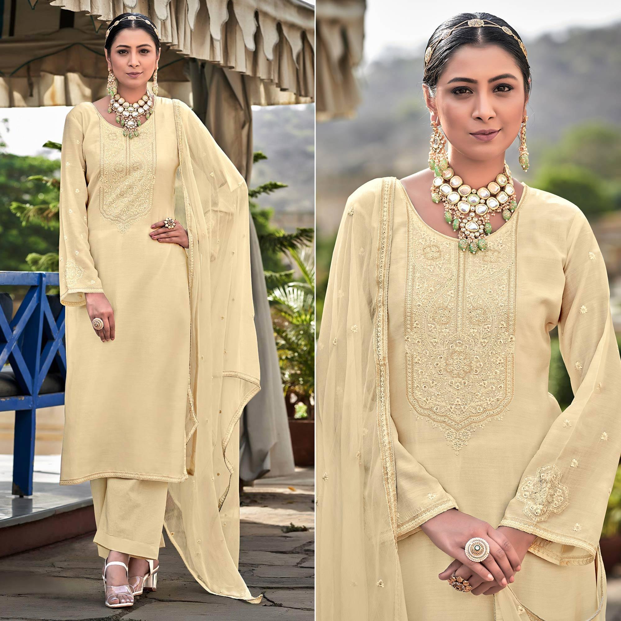Peachmode Cream Embroidered Cotton Silk Suit