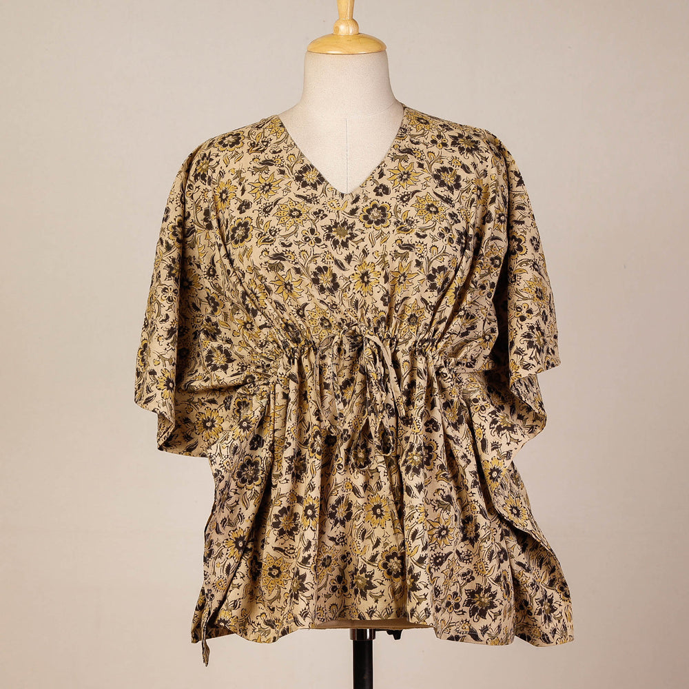 CHUTNEY CRAFT STUDIO Beige - Block Print Cotton Kalamkari Kaftan with Tie-Up Waist (Short)