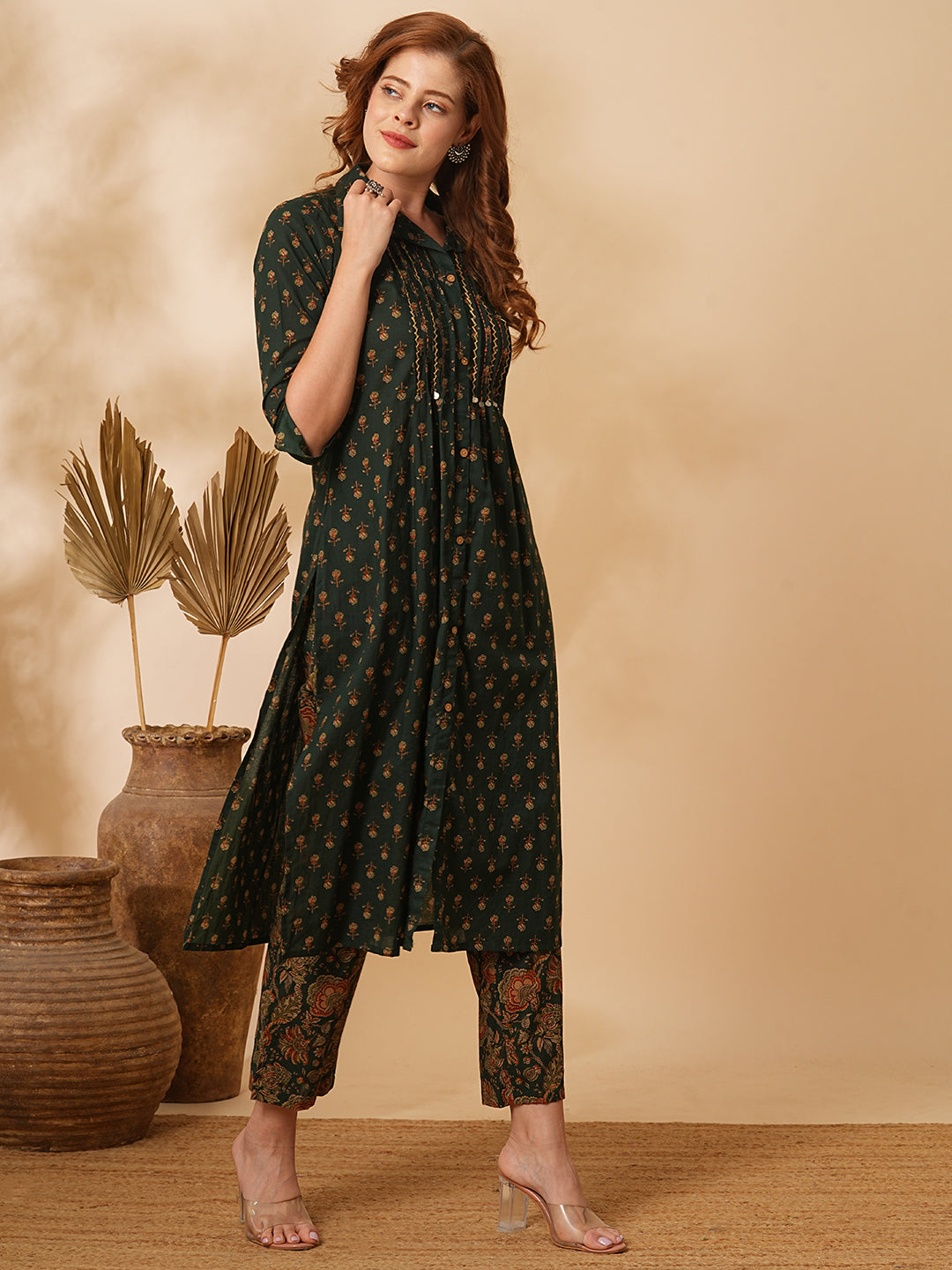 Fashor Floral Printed & Embroidered Straight Fit Kurta with Pant - Green - view 5