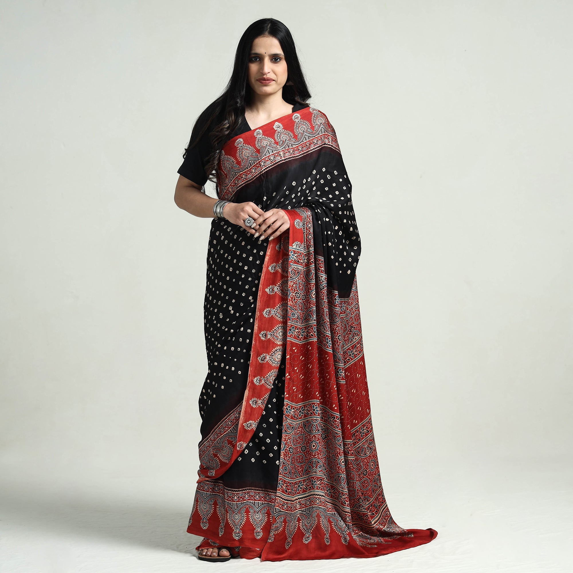 KACHCHH JI CHHAAP Black - Bandhani Block Printed Ajrakh Modal Silk Saree