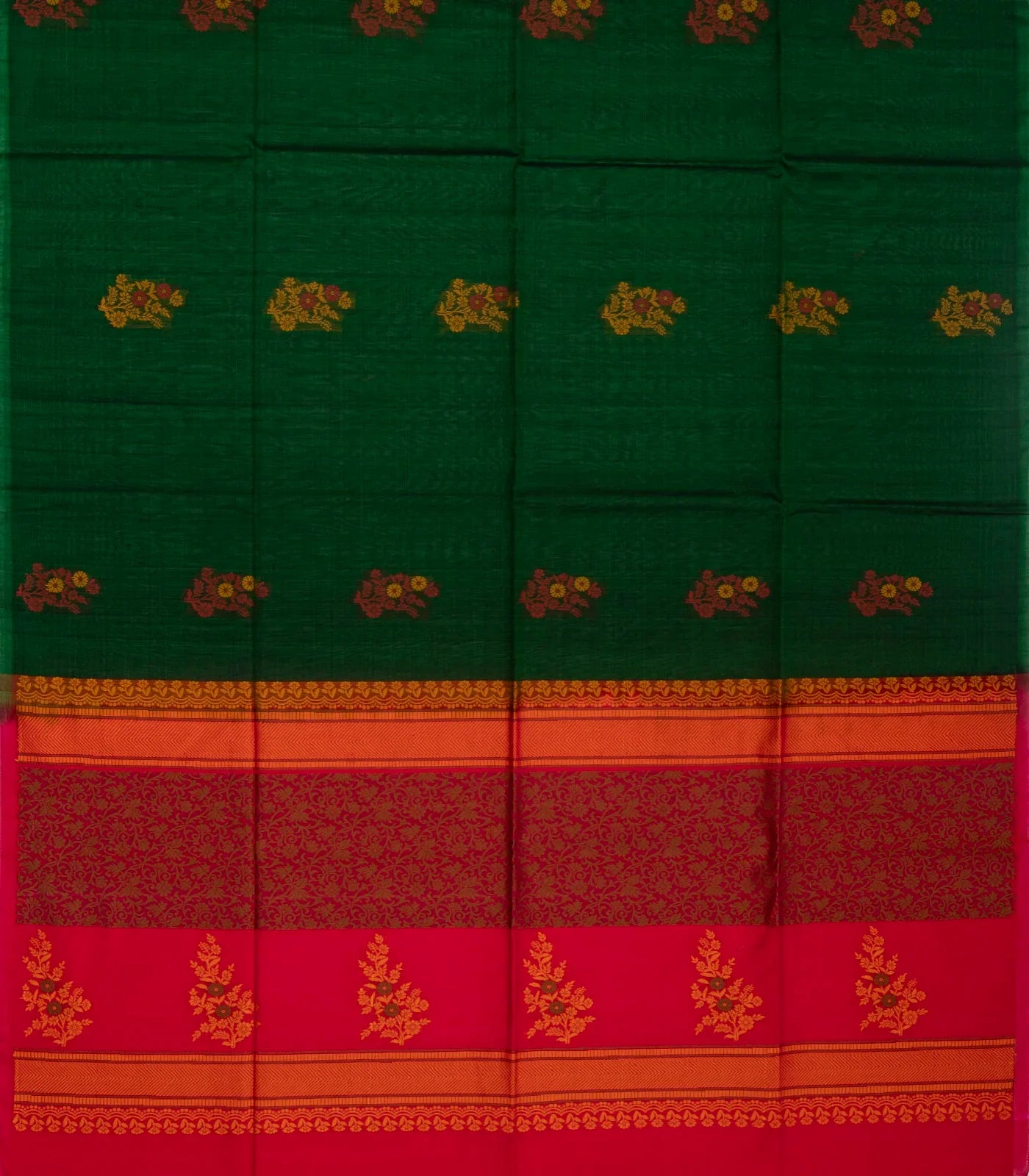 RmKV Bottle Green Handloom Kora Silk Cotton Saree With Buttas & Pink Pallu - view 2
