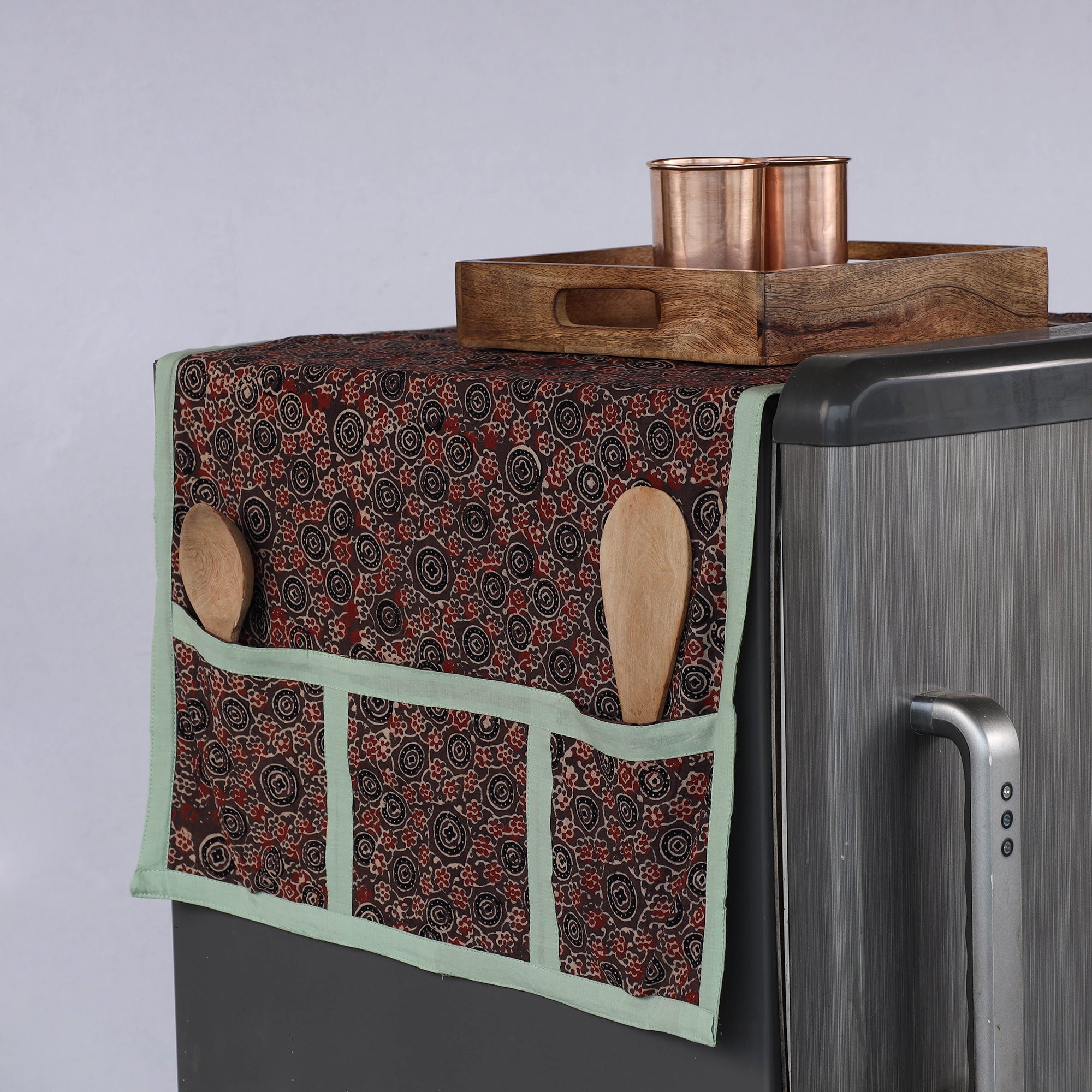 JALPARI Brown - Ajrakh Block Printed Cotton Fridge Top Cover with Multiple Pockets