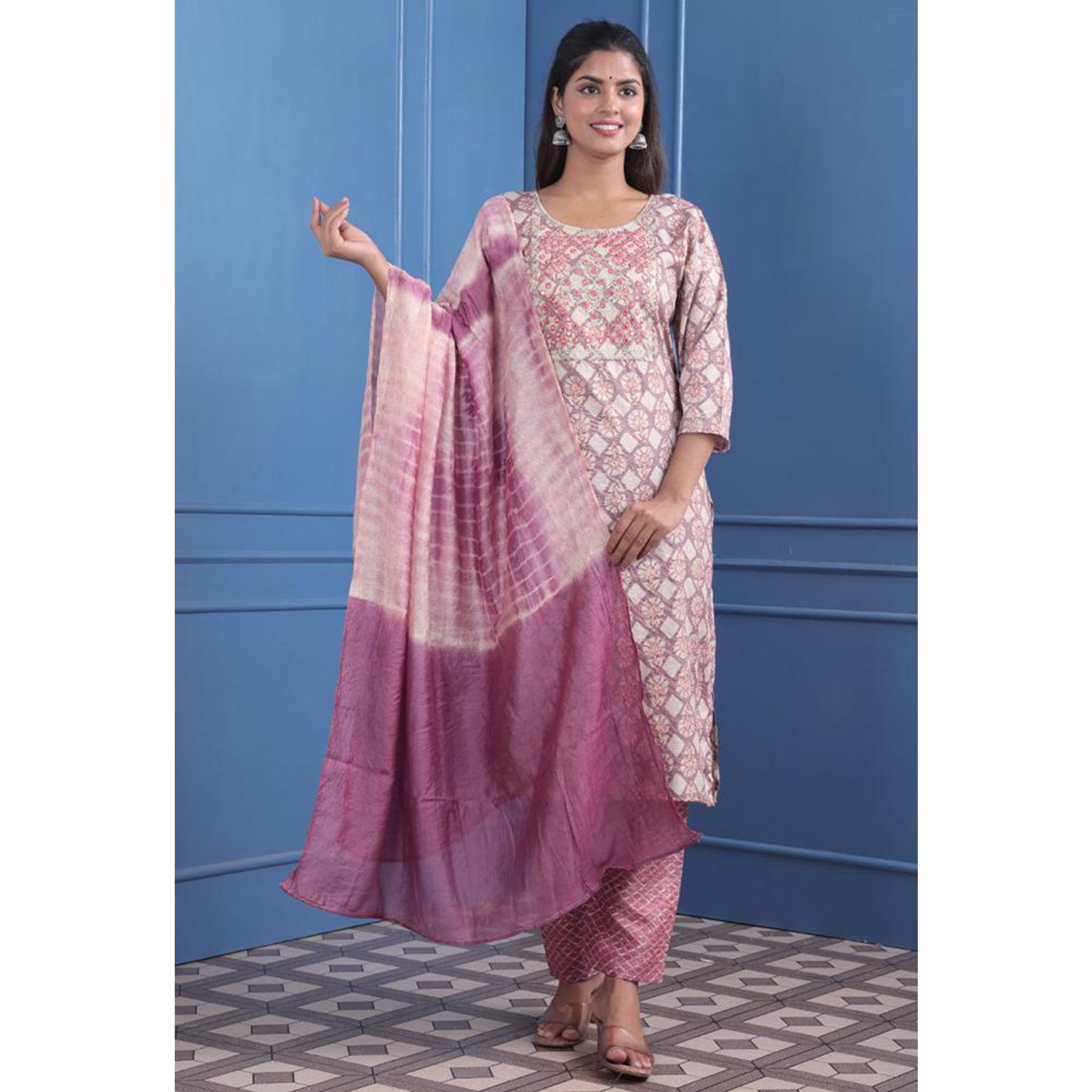 Peachmode Seller Mauve Floral Printed With Embroidered Rayon Suit - view 4