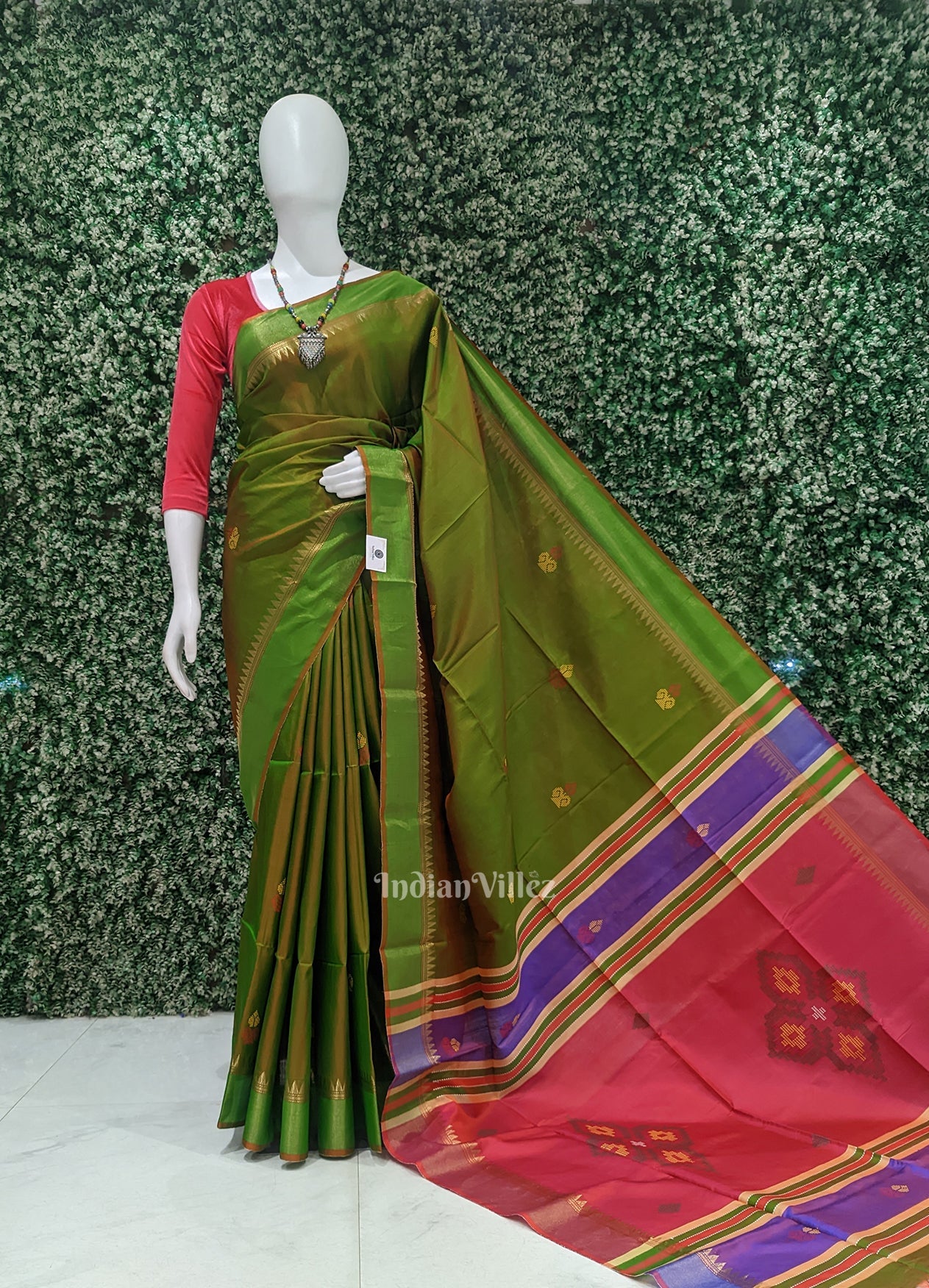 IndianVillèz Mehendi Green Pink Pure Bishnupuri Silk Saree