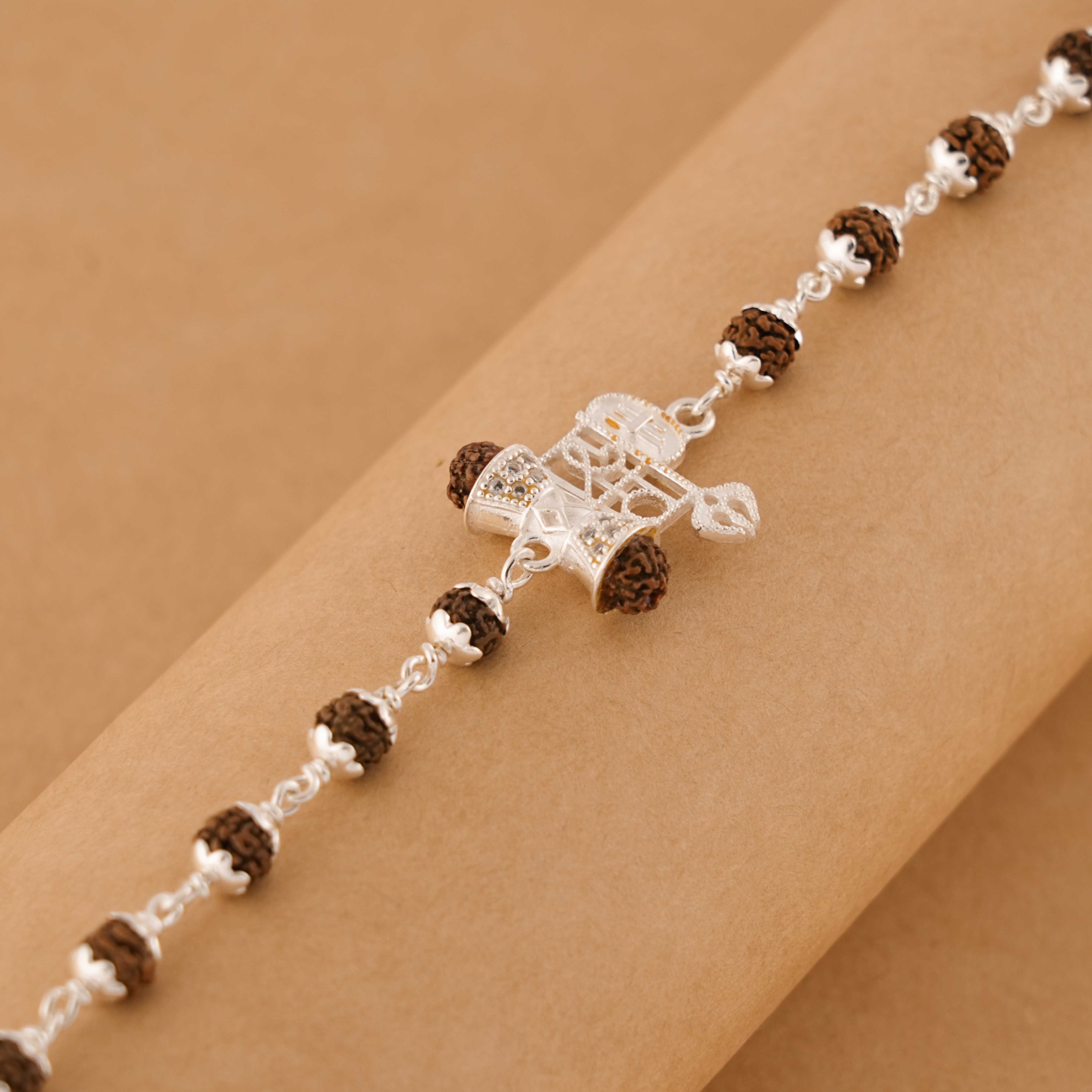 Prinjal Jewellers Rudraksha Silver Shiv and Trishul Damru Bracelet