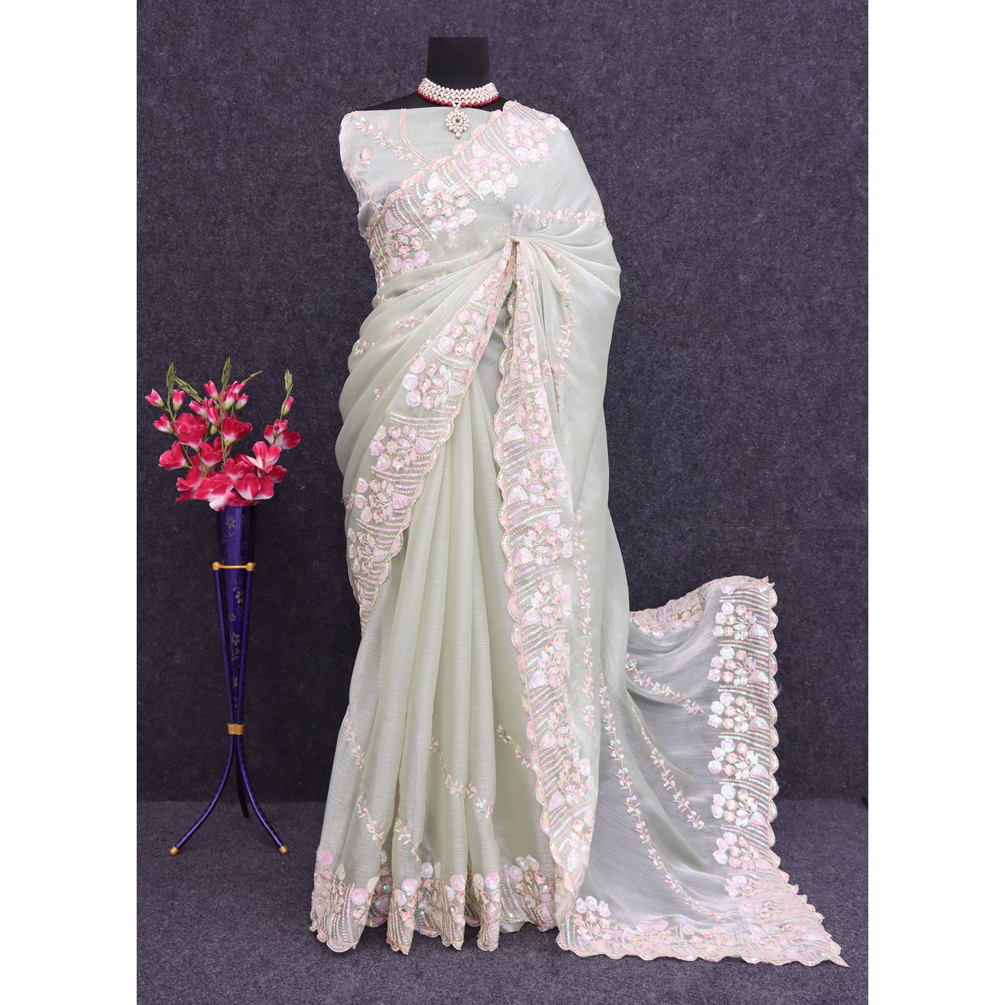 Peachmode Light Pista Green Sequins Embroidered Chiffon Saree - view 4