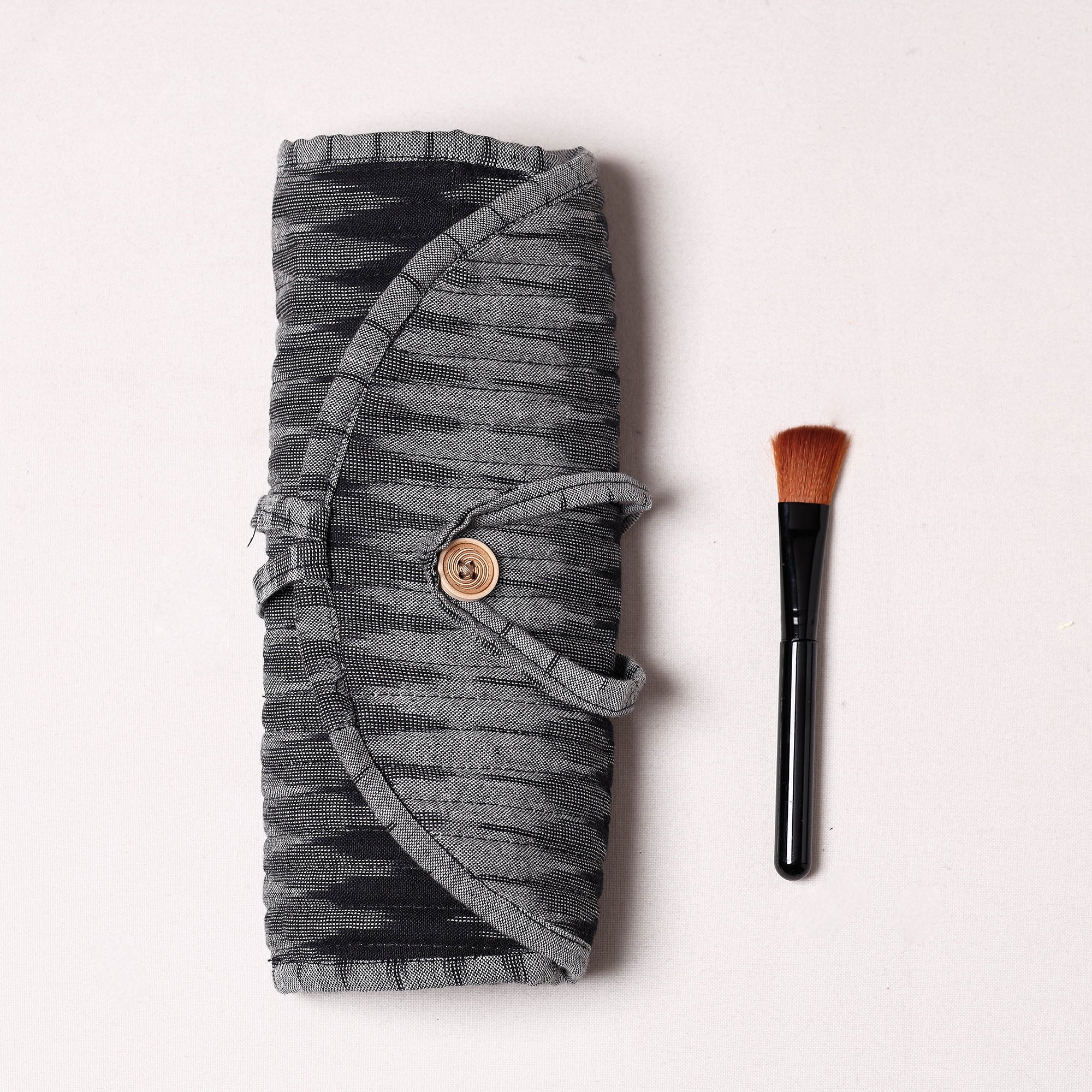 NOORI BAZAR Black - Ikat Fabric Multipurpose Segmented Make-up Brush Wrap Pouch/Case - view 2