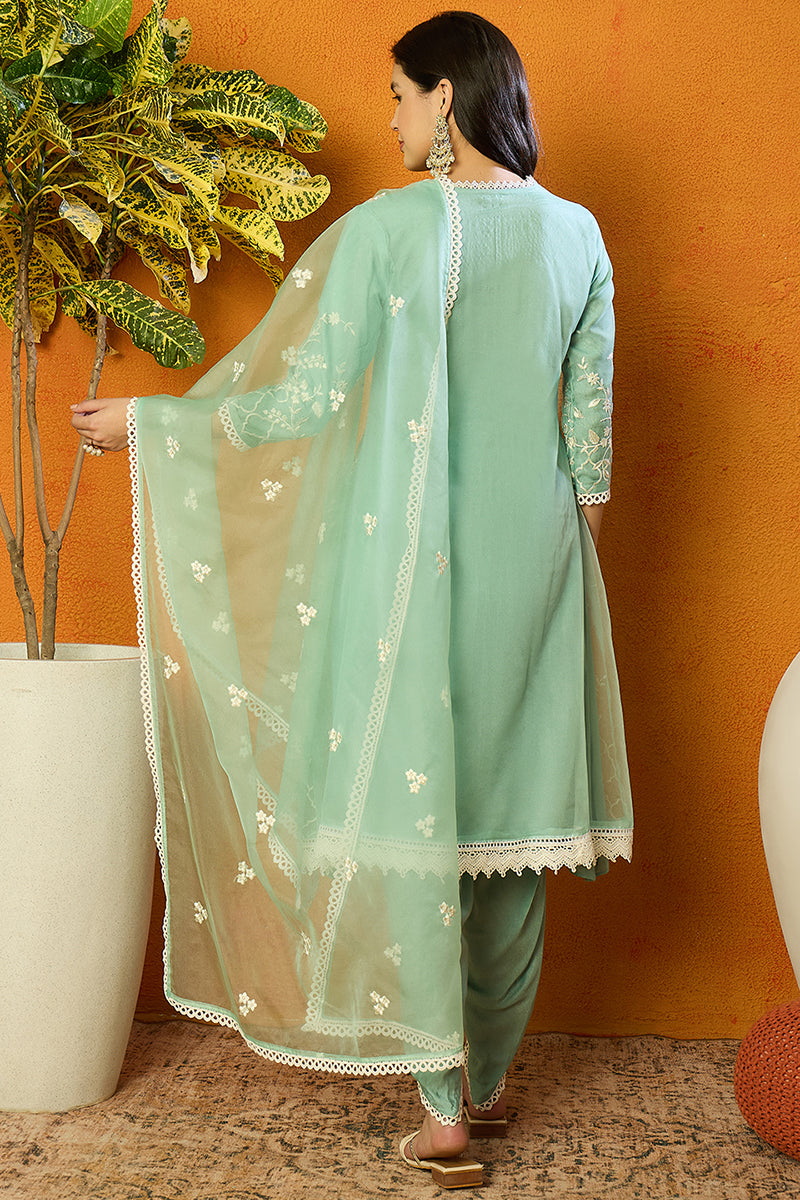 Ahika Sea Green Organza Solid Embroidered A-Line Dhoti Style Suit Set PKSKD2438 - view 3