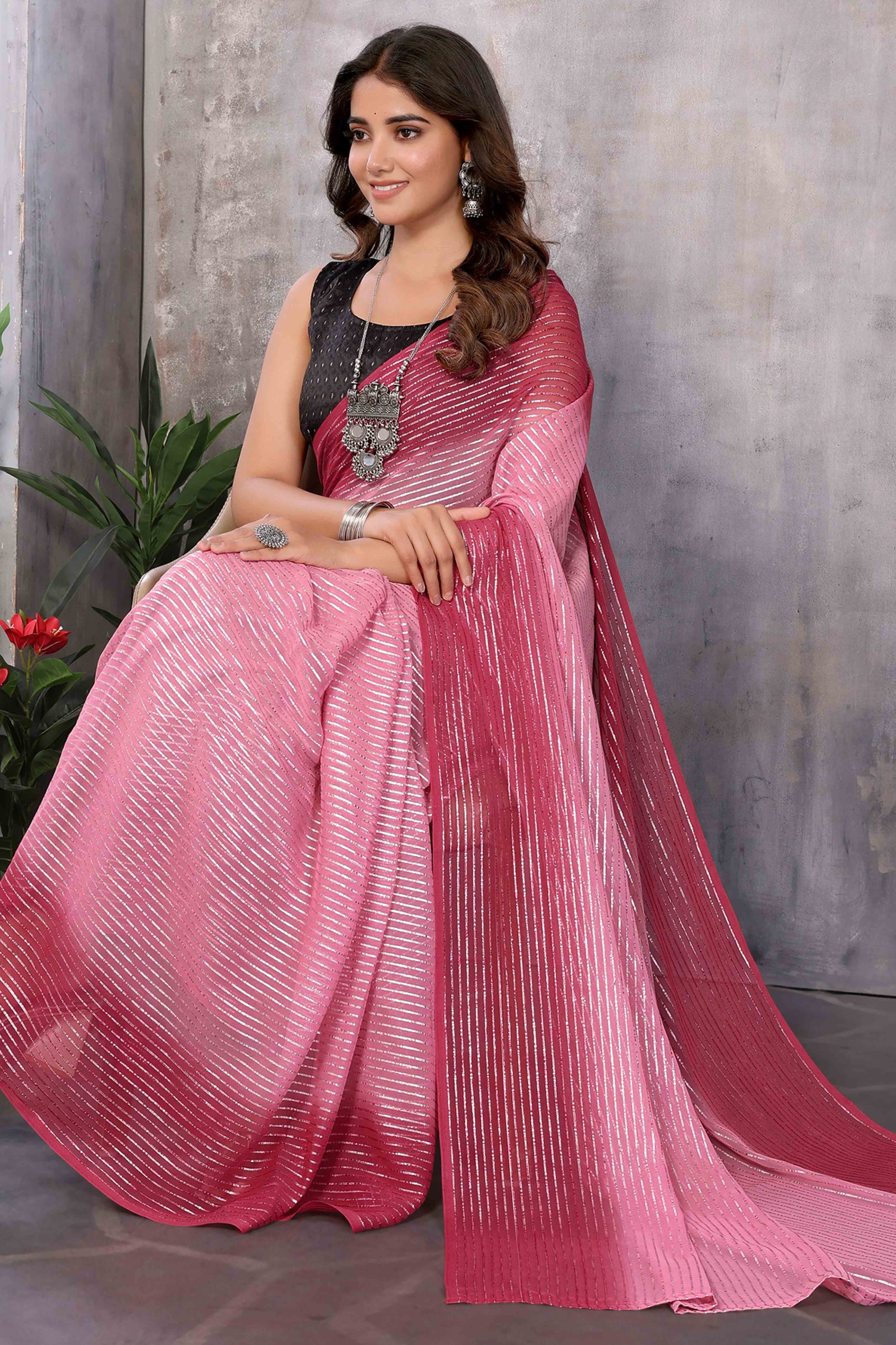 Peachmode Maroon Striped Zari Woven Art Silk Ready To Wear Saree - view 4