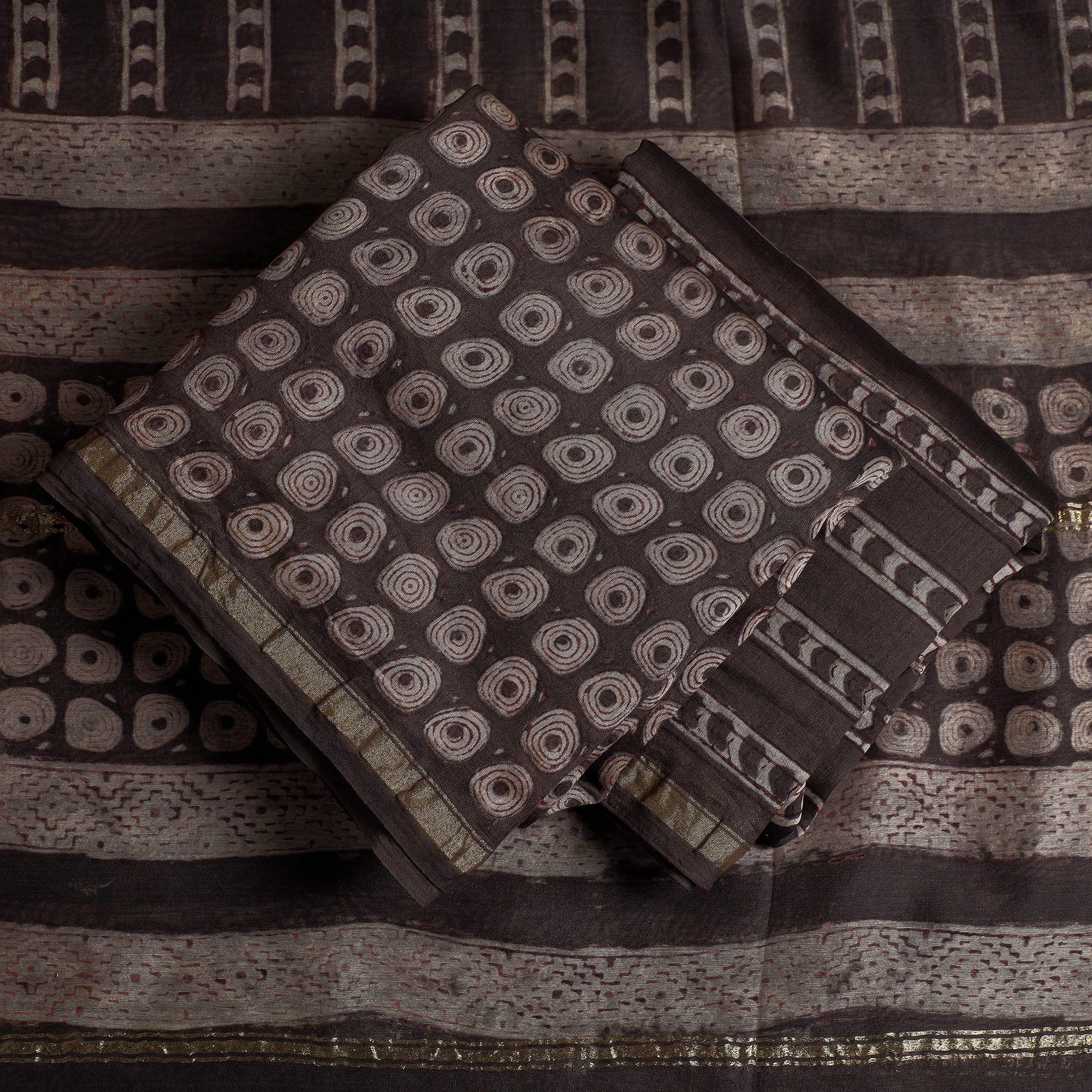 HAVELI CHRONICLES Brown - 3pc Akola Block Printed Chanderi Silk Suit Material Set - view 2