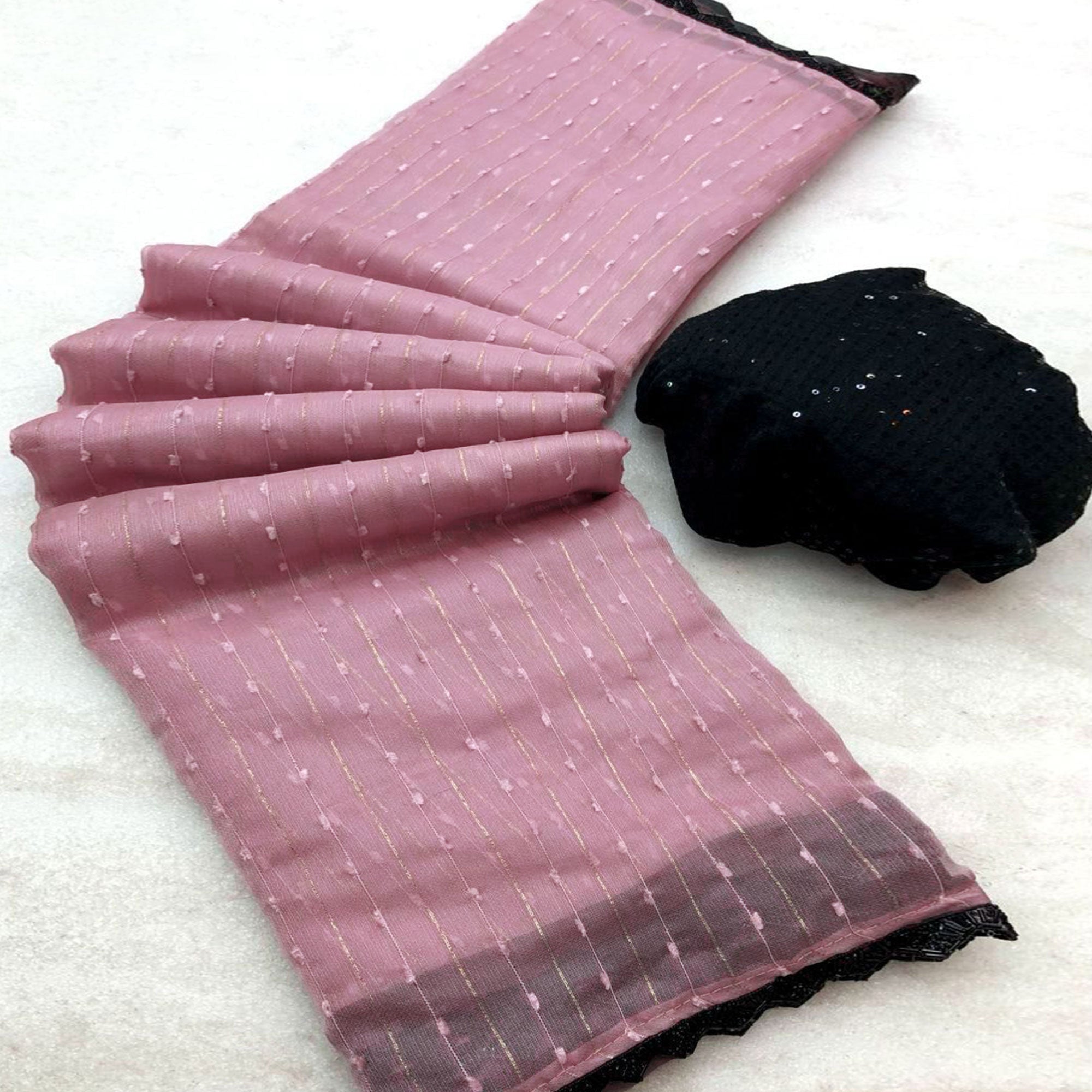 Peachmode Dusty Pink Woven Organza Saree With Beads Work Border