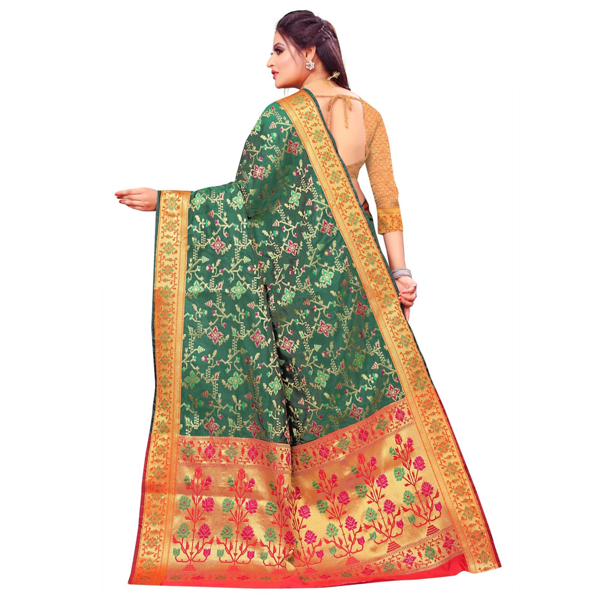 Peachmode Fantastic Dark Green Colored Festive Wear Woven Silk Saree - view 2