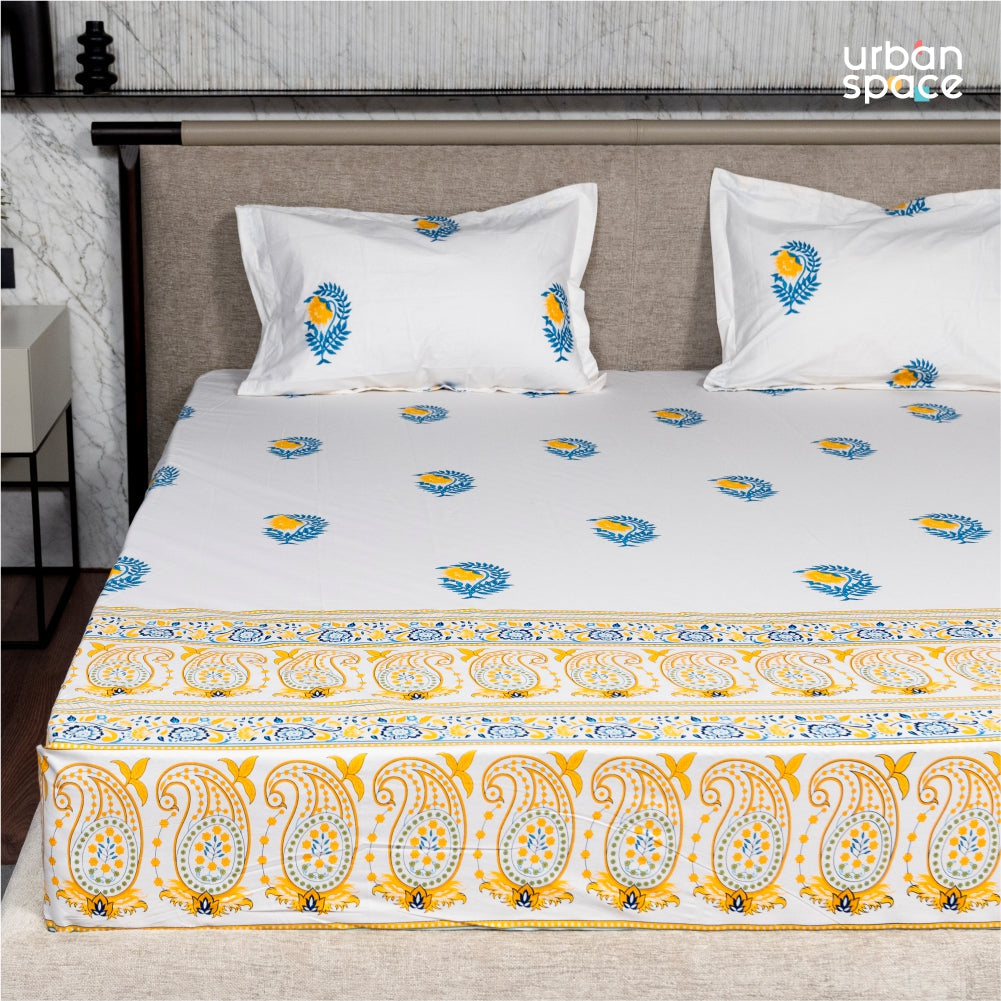 Urban Space -Home Furnishing Store Regal Collection - Breathable 200 TC 100% Pure Cotton Bedsheet with Pillow Cover, Ethnic Motif - Yellow - view 2