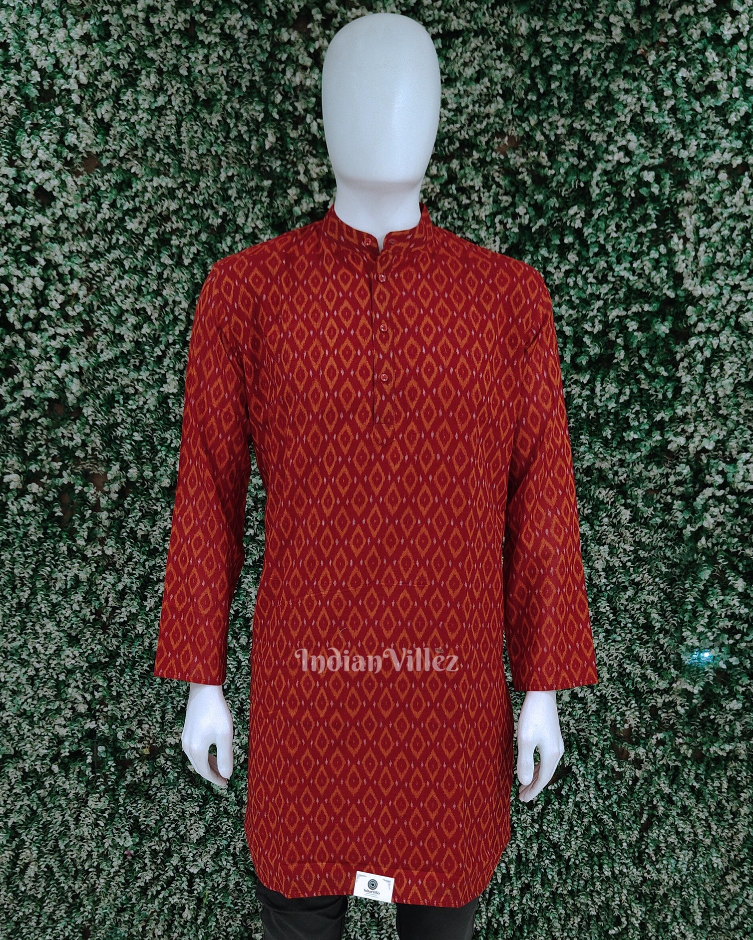 IndianVillèz Red Odisha Ikat Cotton Kurta for Men