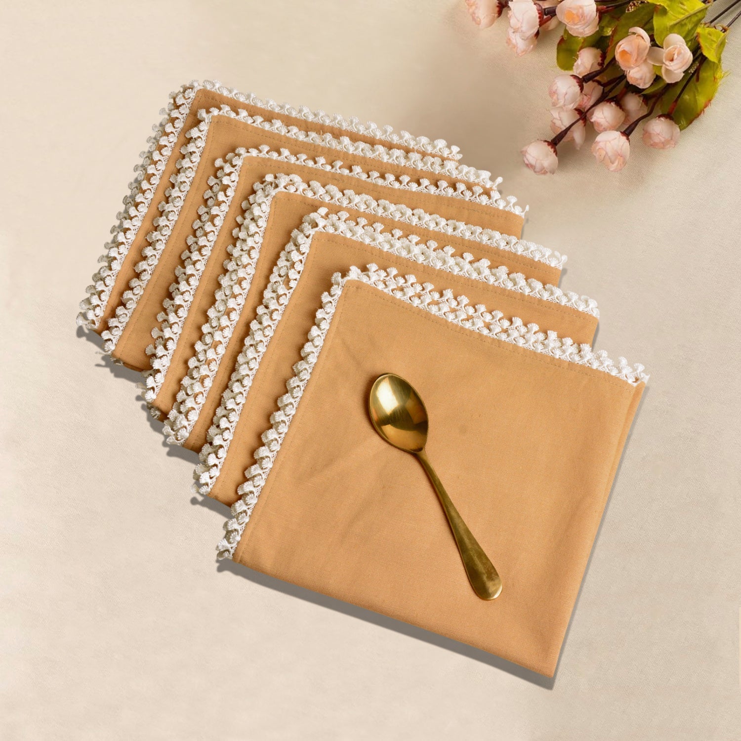 STYLEMYWAY Brown - Dining Table Premium Cotton Table Napkin with Crochet Ends (Set of 6)