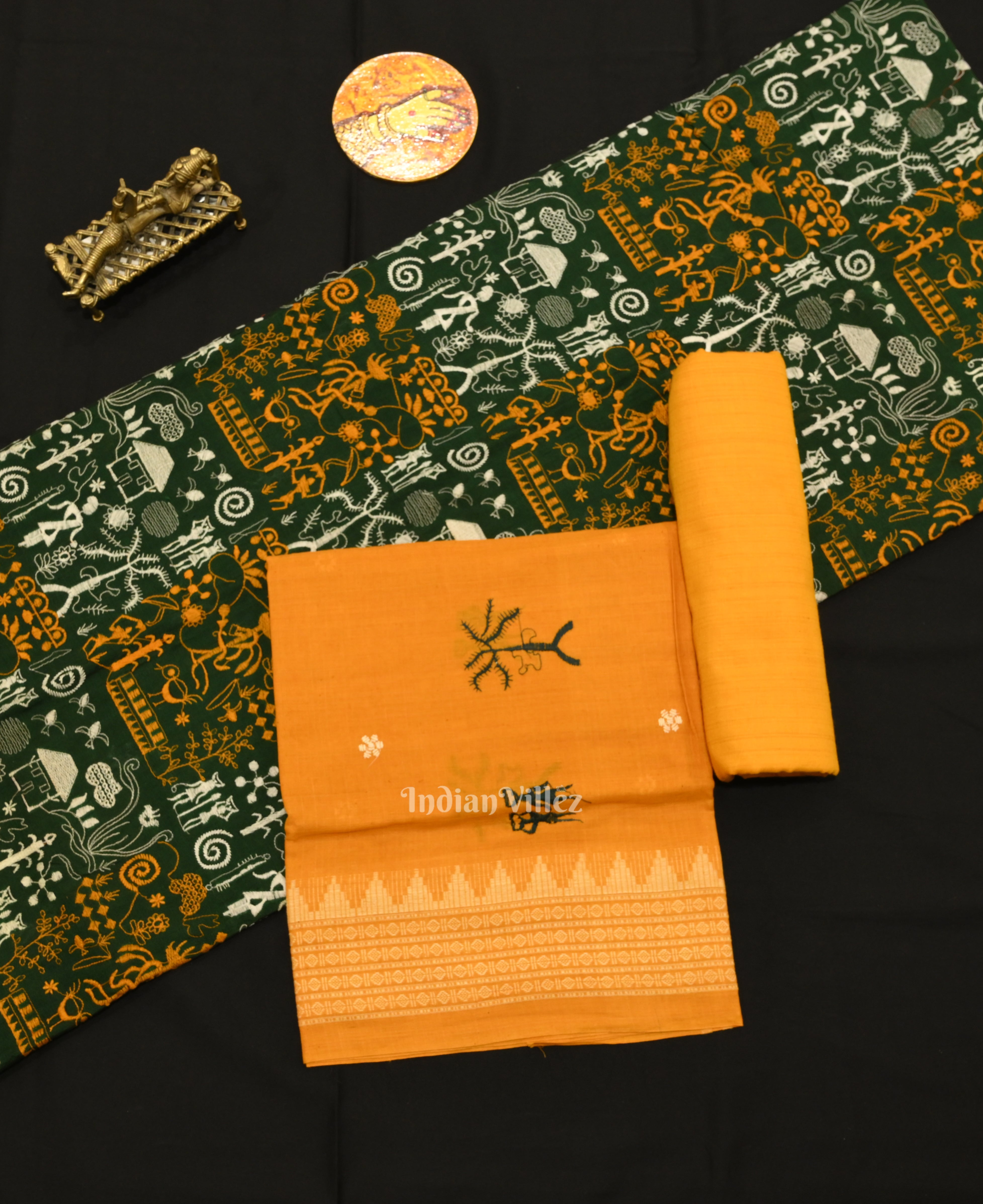 IndianVillèz Dark Green Yellow Tribal Design Sambalpuri Cotton Dress set with Dupatta