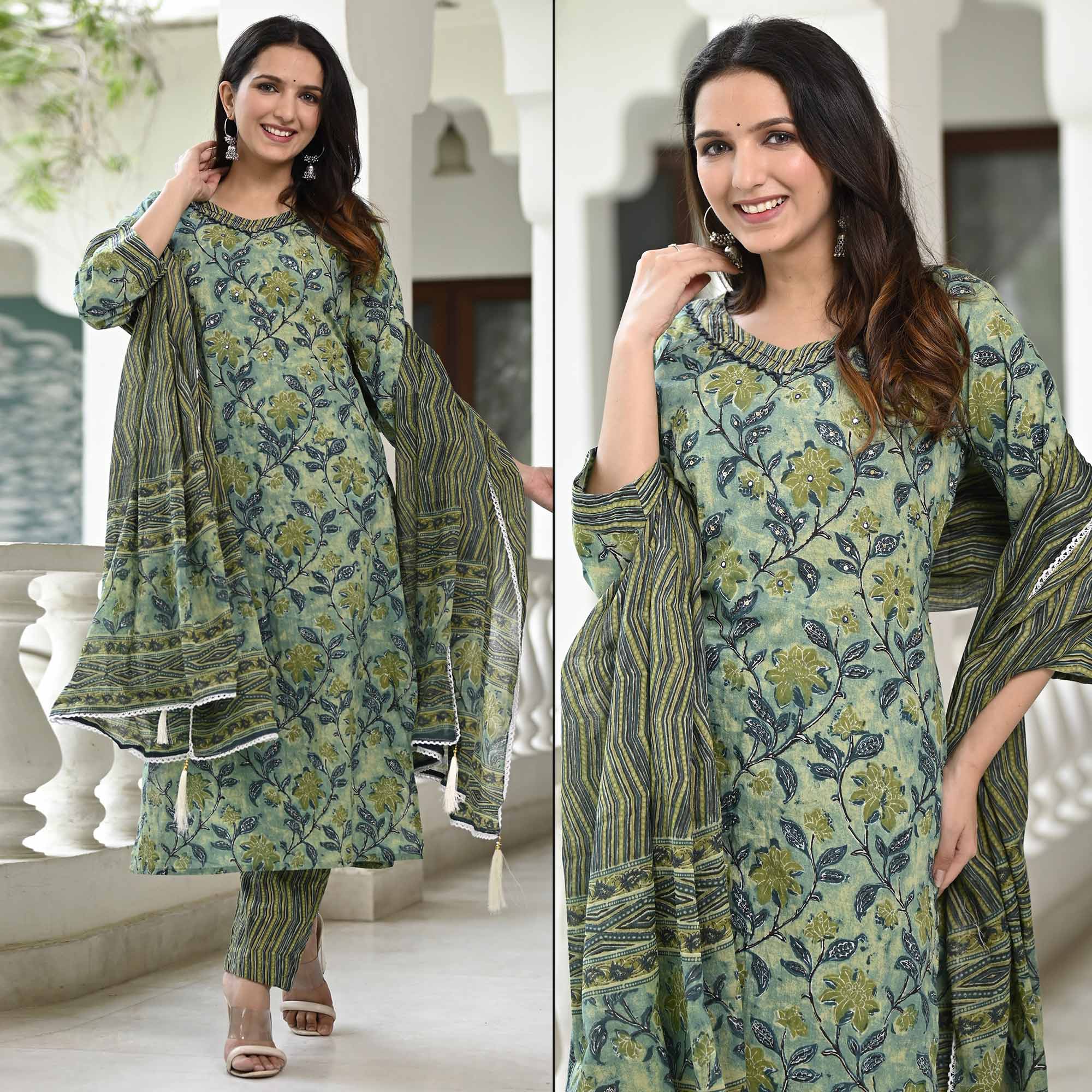 Green suits – BlackTree green-floral-printed-pure-cotton-suit-5