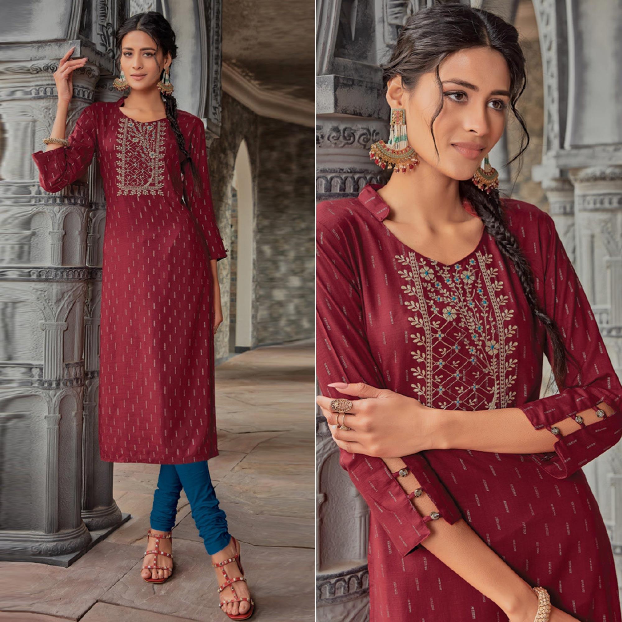 Peachmode Seller Maroon Printed With Embroidered Pure Cotton Kurti