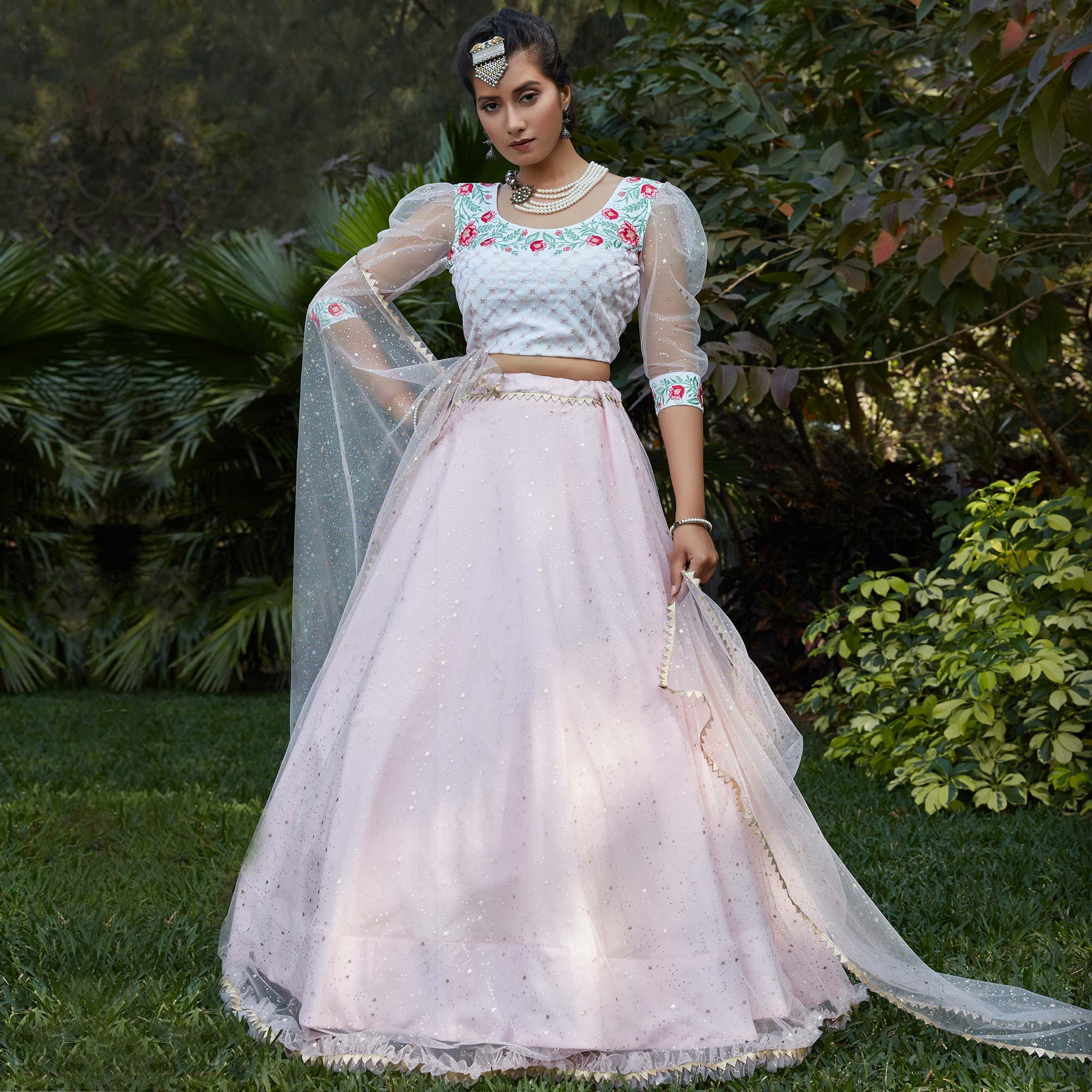 Peachmode Captivating Pink Coloured Metallic Foil Printed Net Lehenga Choli