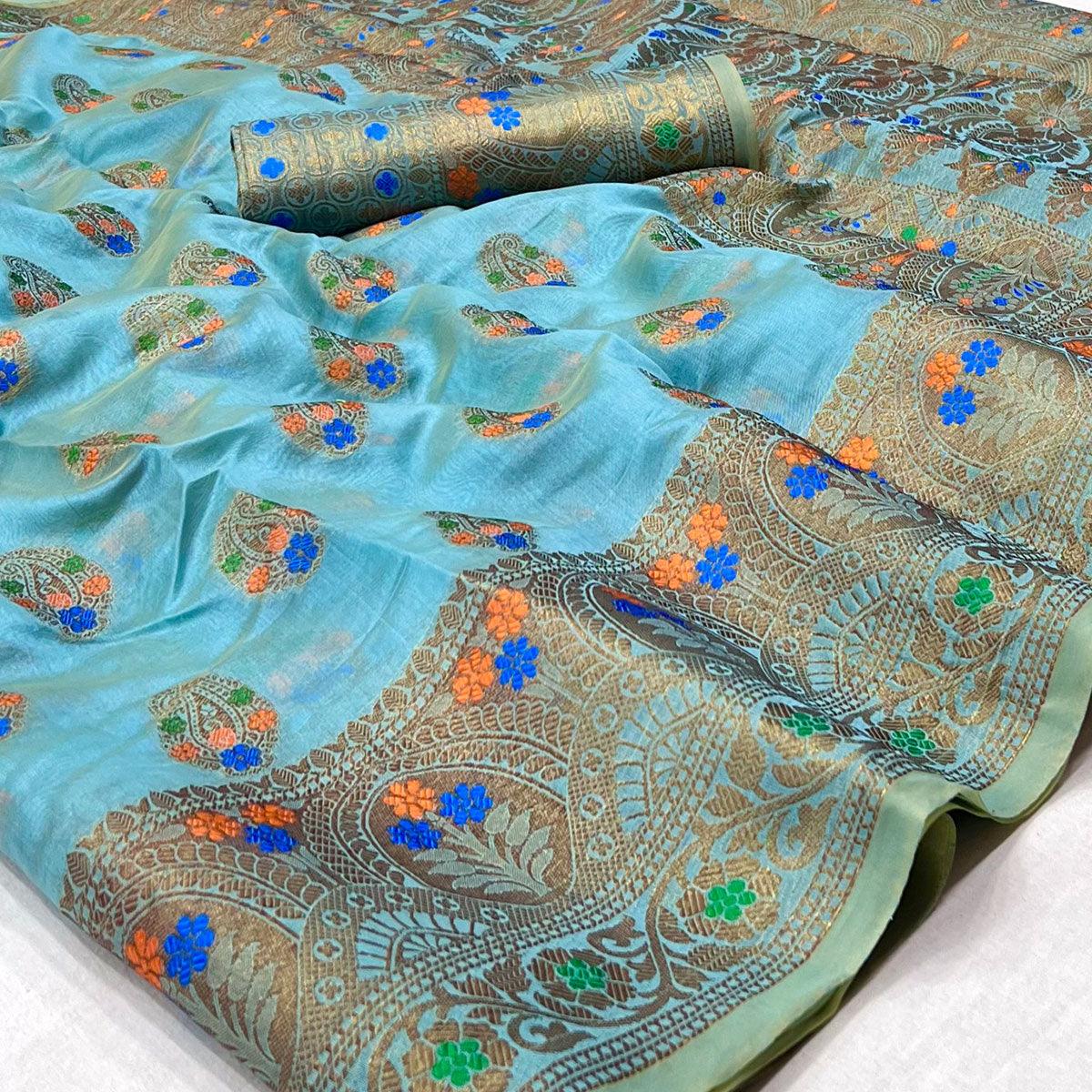 Peachmode Firozi Woven Organza Saree – Women's - view 2