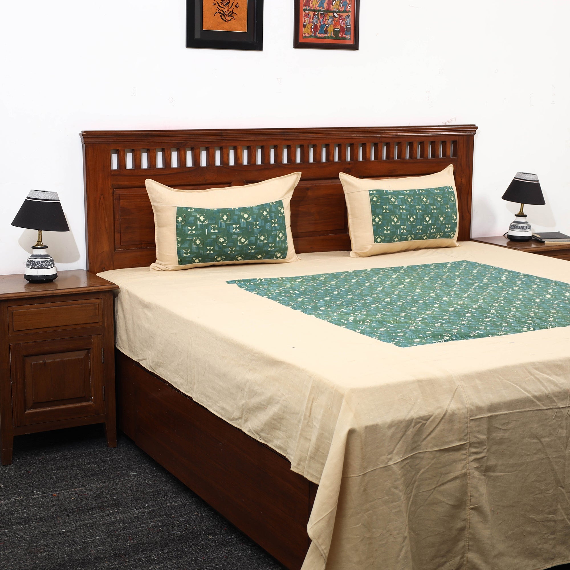 NOORI BAZAR Beige - Plain Cotton Double Bed Cover with Block Print Patchwork (94 x 89 In)