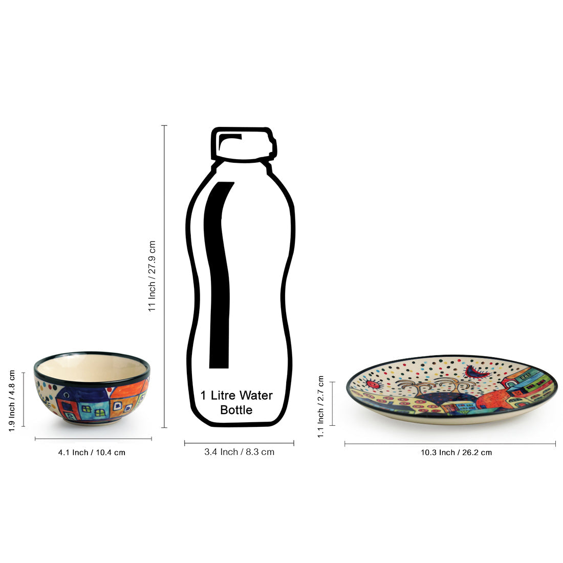 EXCLUSIVELANE 'Hut Dining' Handpainted Ceramic Dinner Plates With Katoris (8 Pieces, Serving for 4) - view 6