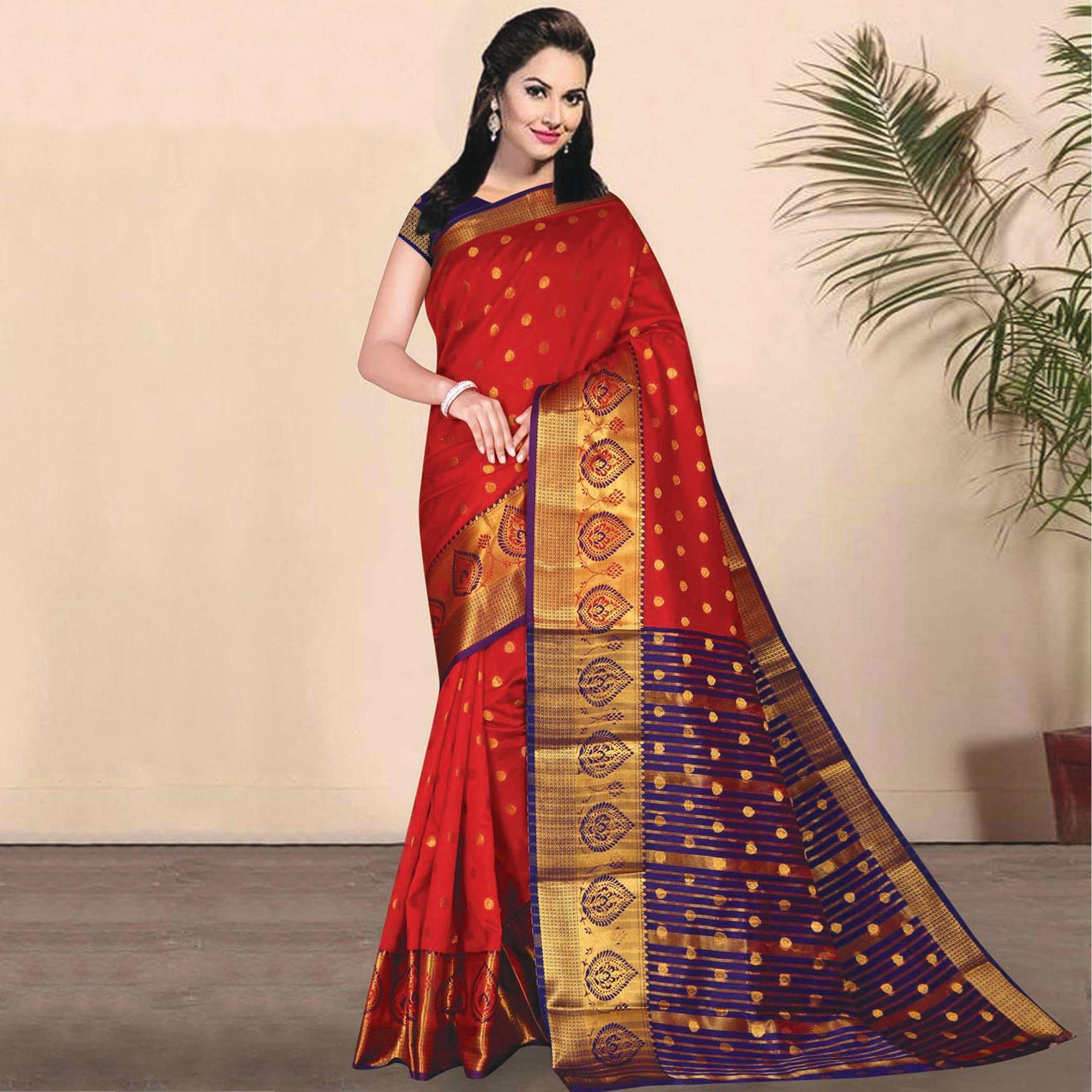 Peachmode Jazzy Red Coloured Festive Wear Woven Kota Litchi Art Silk Saree