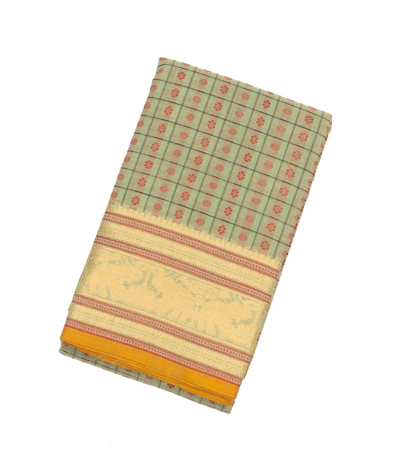 RmKV Shadow Green Handloom Kanchi Cotton Saree With Checks & Kamalam Motifs