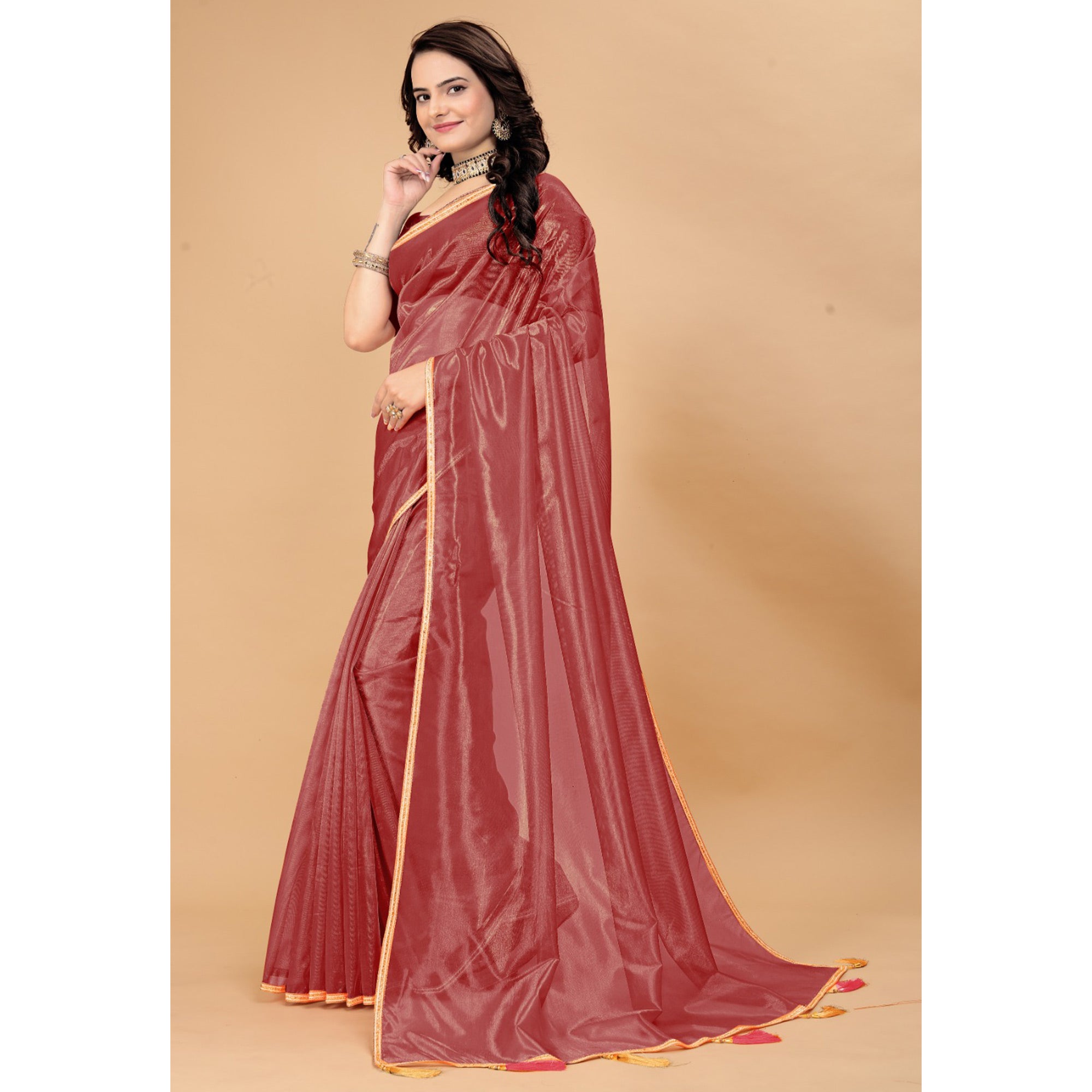 Peachmode Brick Red Solid Nylon Saree With Lace Border - view 5