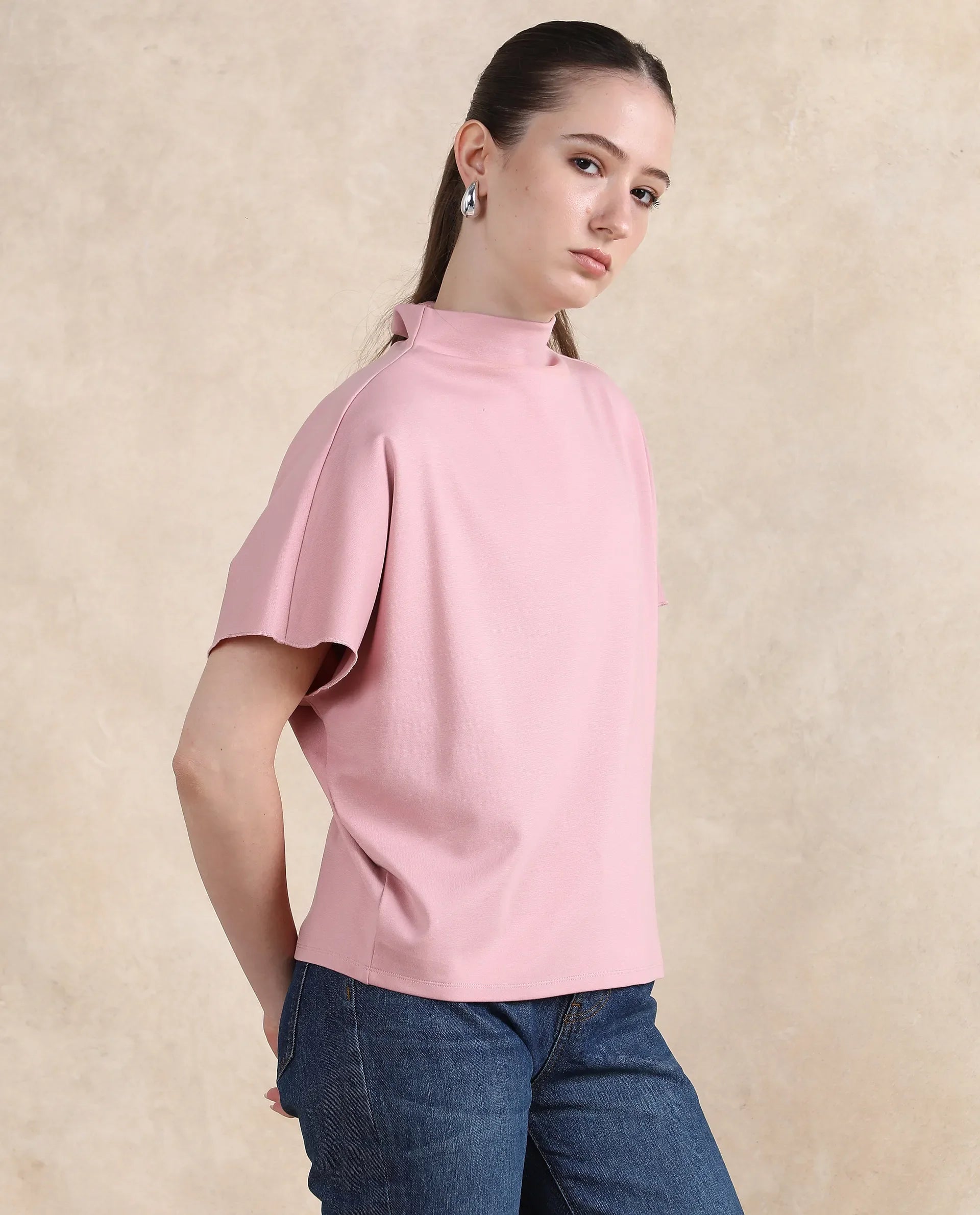 Rareism Women Worknet Pink Cotton Viscose Fabric Extended Sleeves High Neck Relaxed Fit Plain Top - view 6