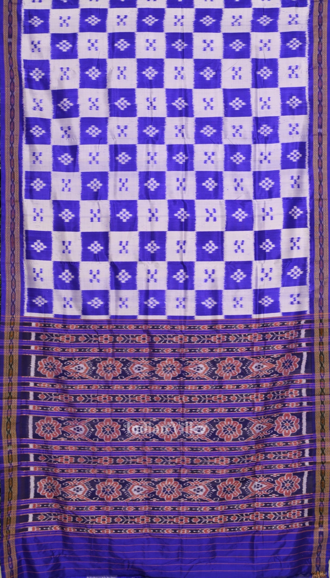 IndianVillèz Royal Blue Broder Pasapali Theme Odisha Handloom Khandua Silk Saree