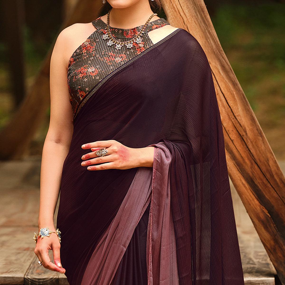 Peachmode Dark Brown Solid Chiffon Saree – Women's - view 2