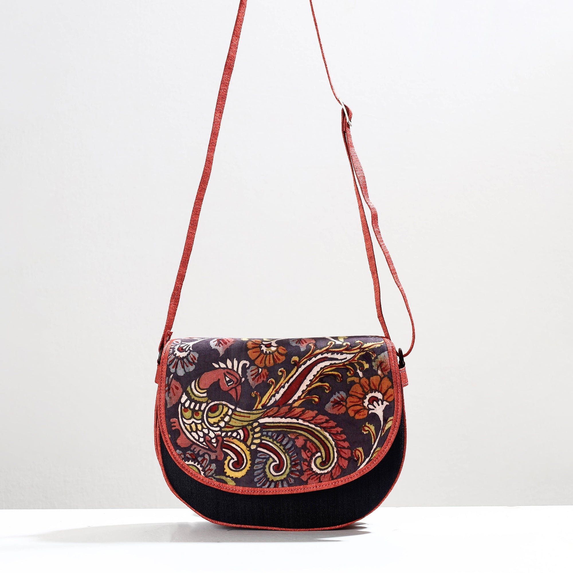 DWARAKA PLUS Black - Handpainted Kalamkari Natural Dyed Ghicha Silk Sling Bag