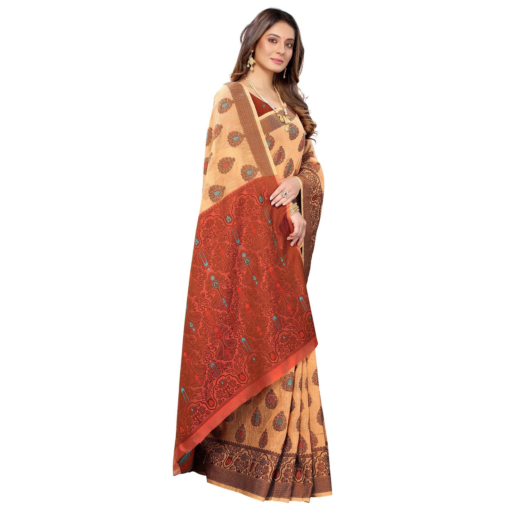 Peachmode Light Orange Festive Wear Woven With Meena Butta Rich Pallu Cotton Saree - view 6