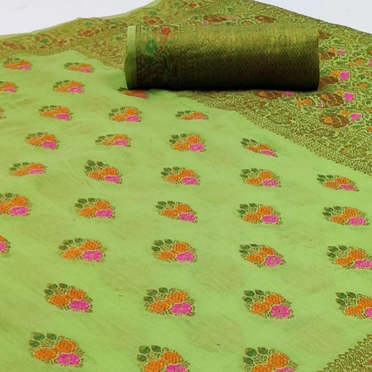 Peachmode Exceptional Green Colored Festive Wear Woven Cotton Saree - view 2