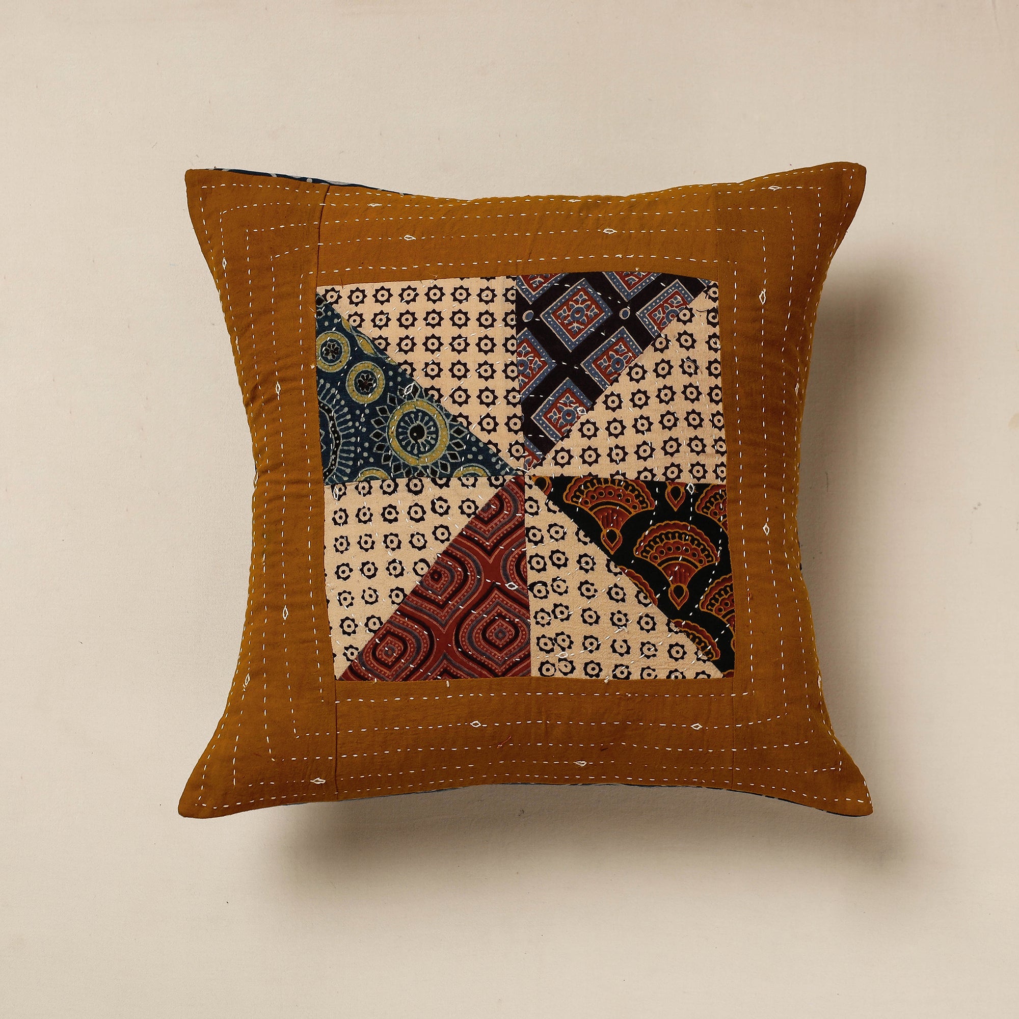 KACHCHH JI CHHAAP Brown - Kutch Embroidered Ajrakh Cotton Cushion Cover (16 x 16 in)