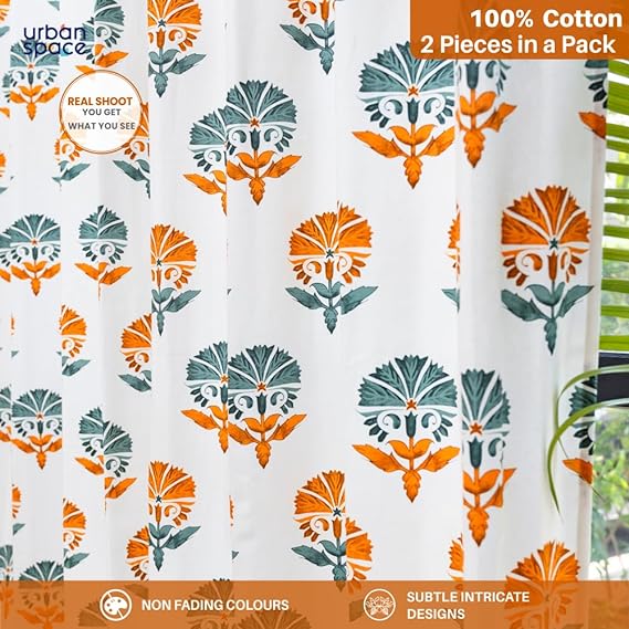Urban Space -Home Furnishing Store 100% Cotton Curtains for Living Room, Bedroom curtains - Pack of 2 curtains, Owl Orchids - Mango - view 2