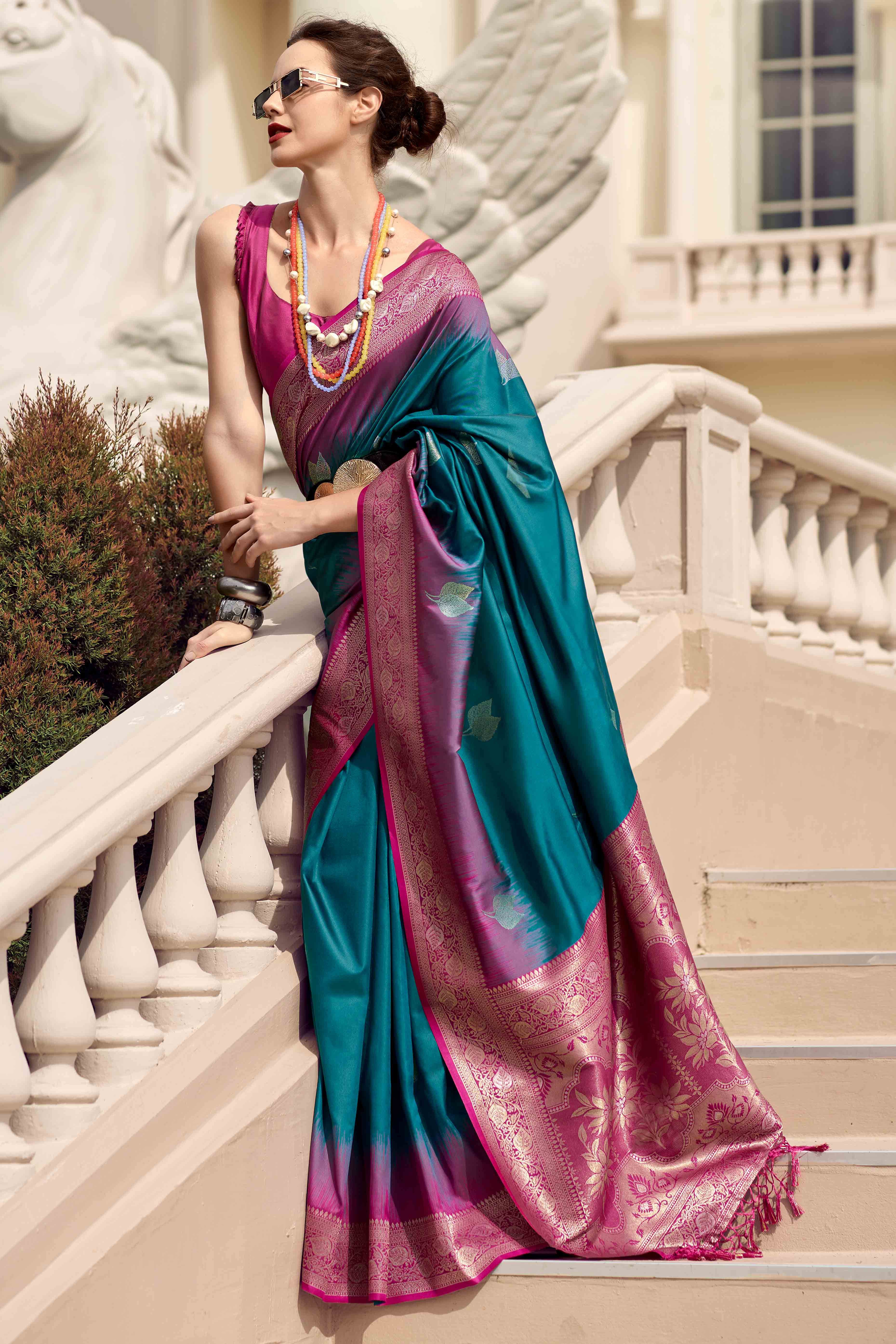 Peachmode Morpich Blue Zari Weaving Pure Silk Saree
