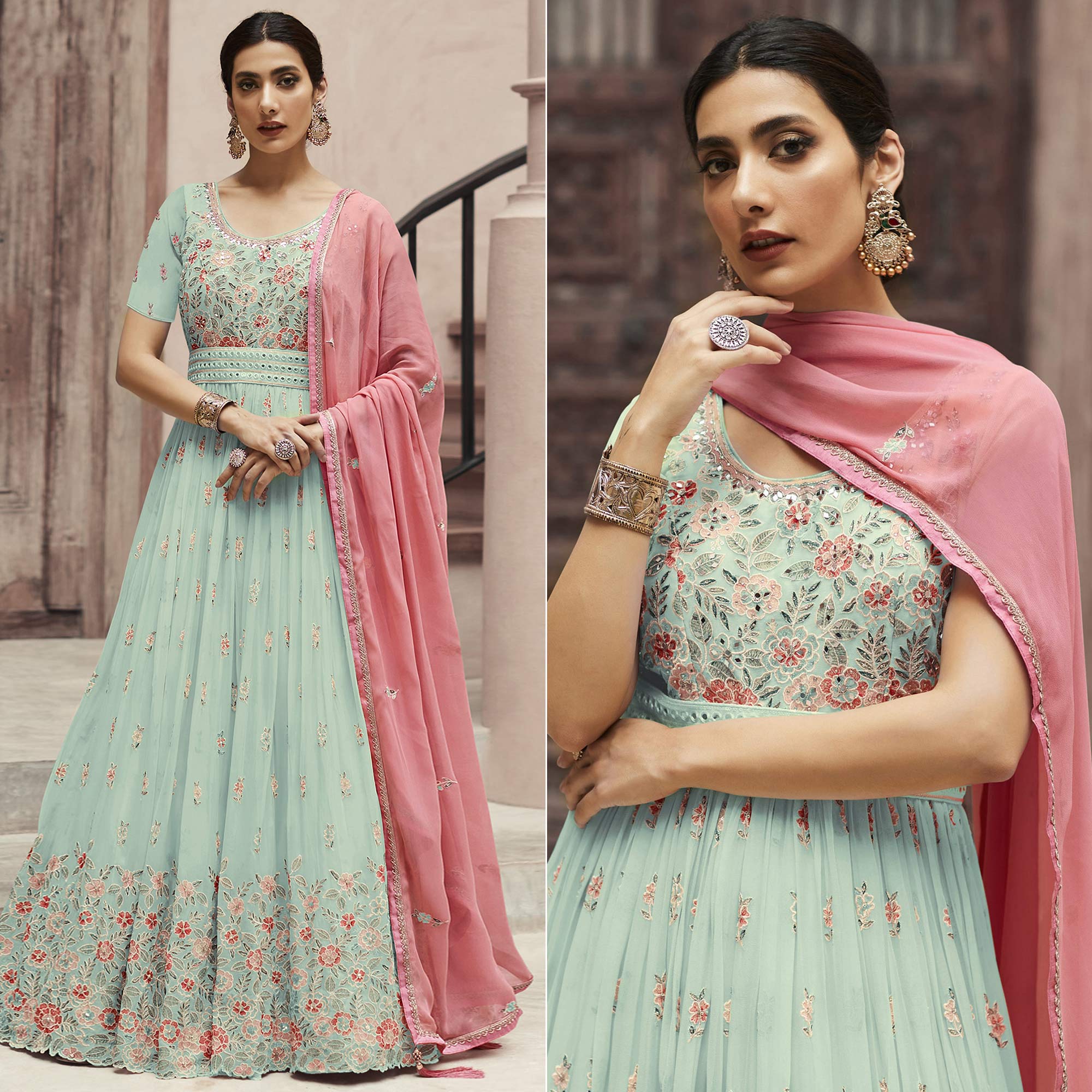 Peachmode Light Pista Green Sequins Floral Embroidered Georgette Semi Stitched Anarkali Suit