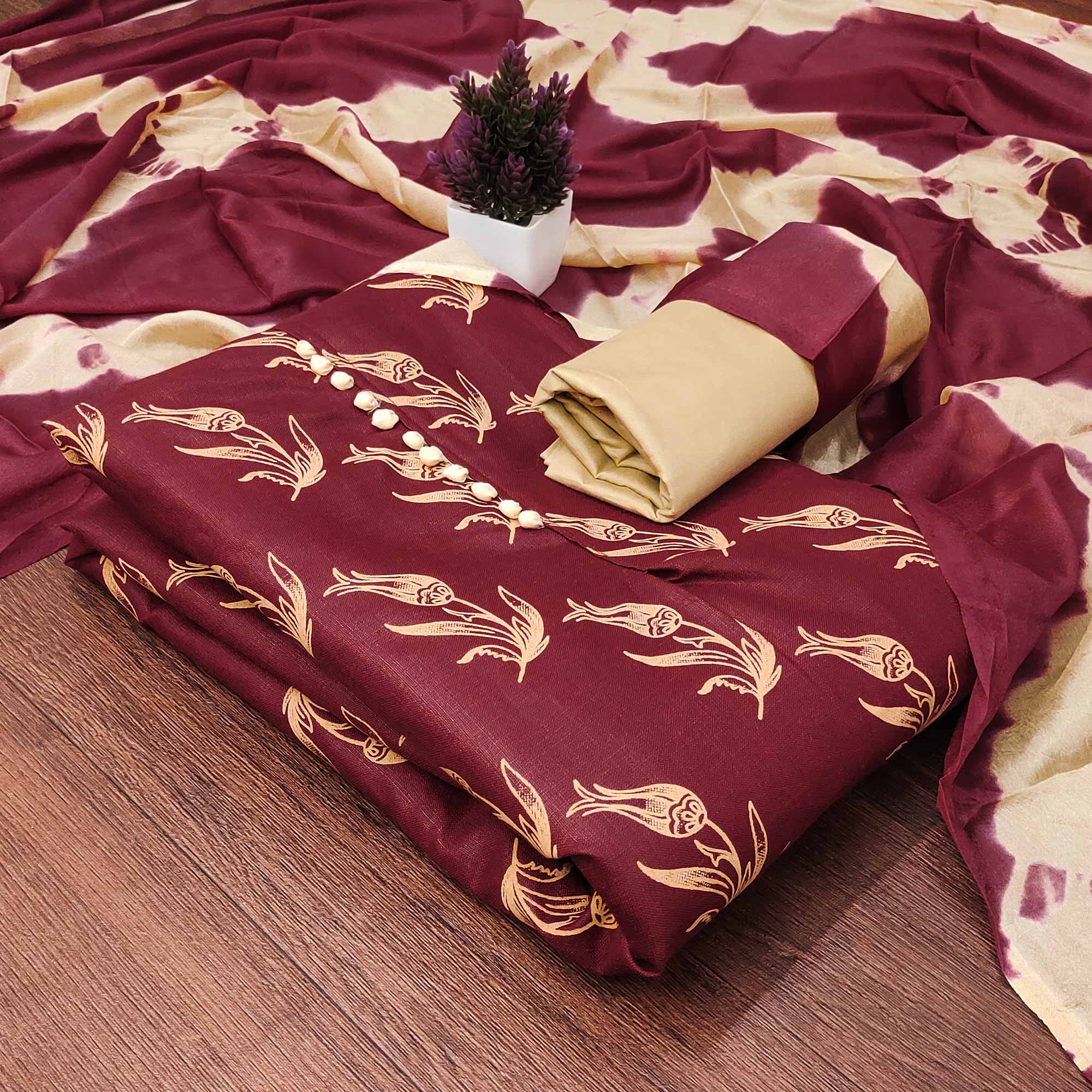 Peachmode Maroon Floral Printed Slub Cotton Dress Material - view 3