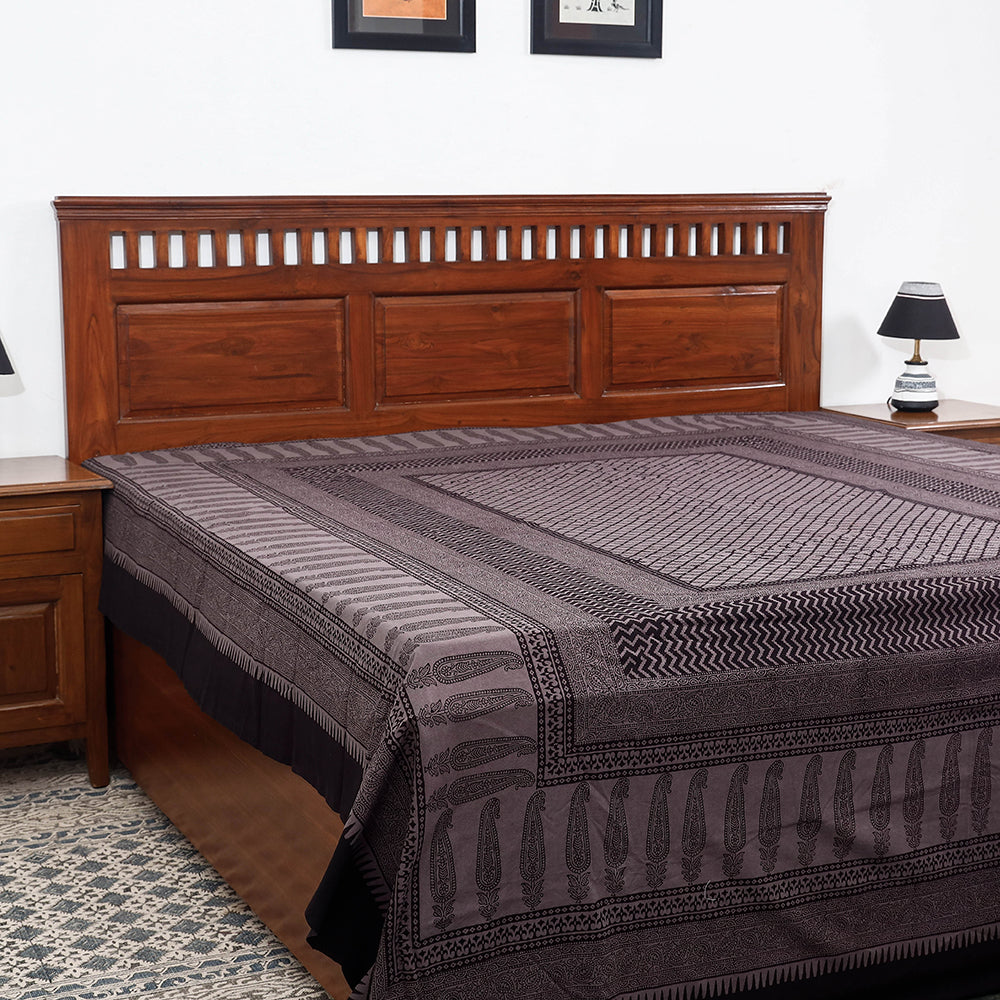 BAGH PRINTS BY ABDUL KADAR KHATRI Black - Bagh Block Printed Cotton Double Bed Cover (106 x 90 in)