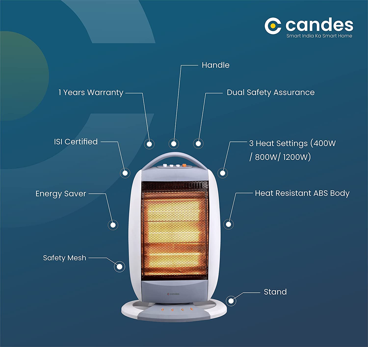 Candes New Infra Halogen Room Heater (White, Grey, 1200 watts) 3 Rod - view 4